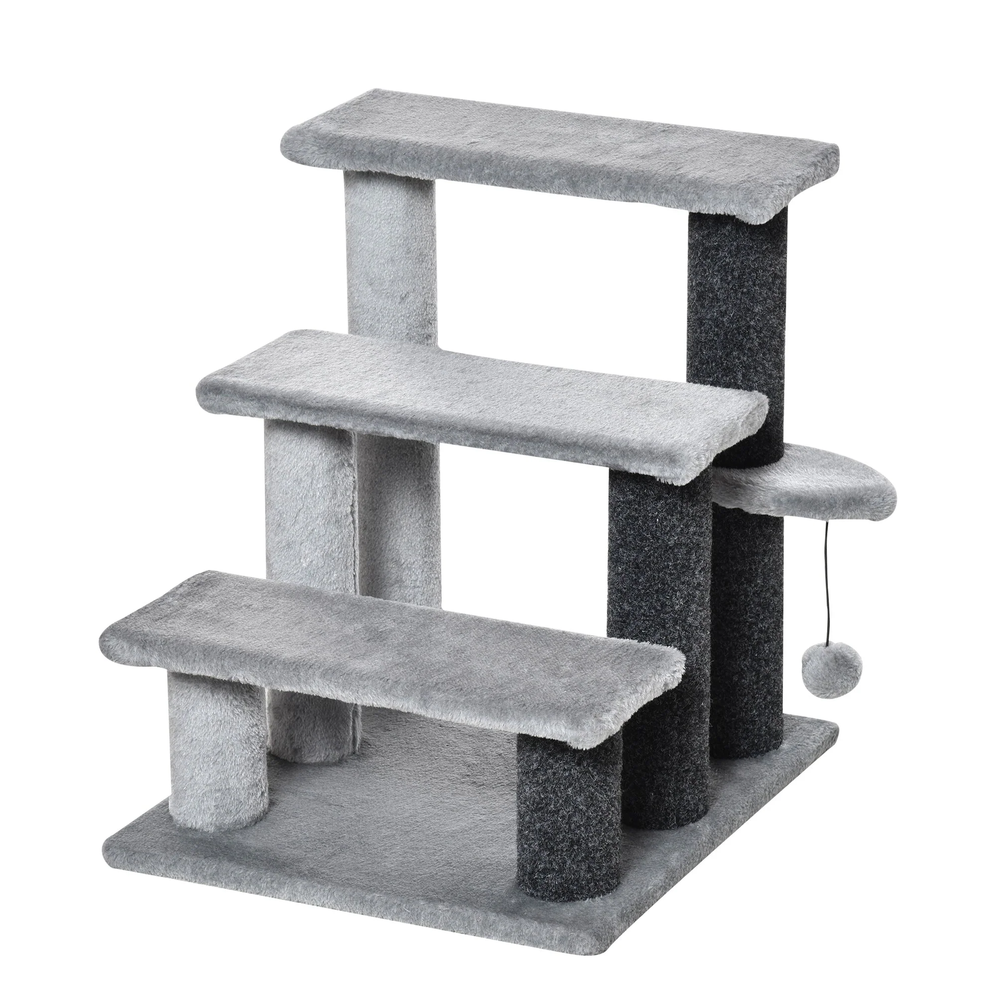 Cat Stairs 3 Steps with Play Ball, Plush Grey - Image 2