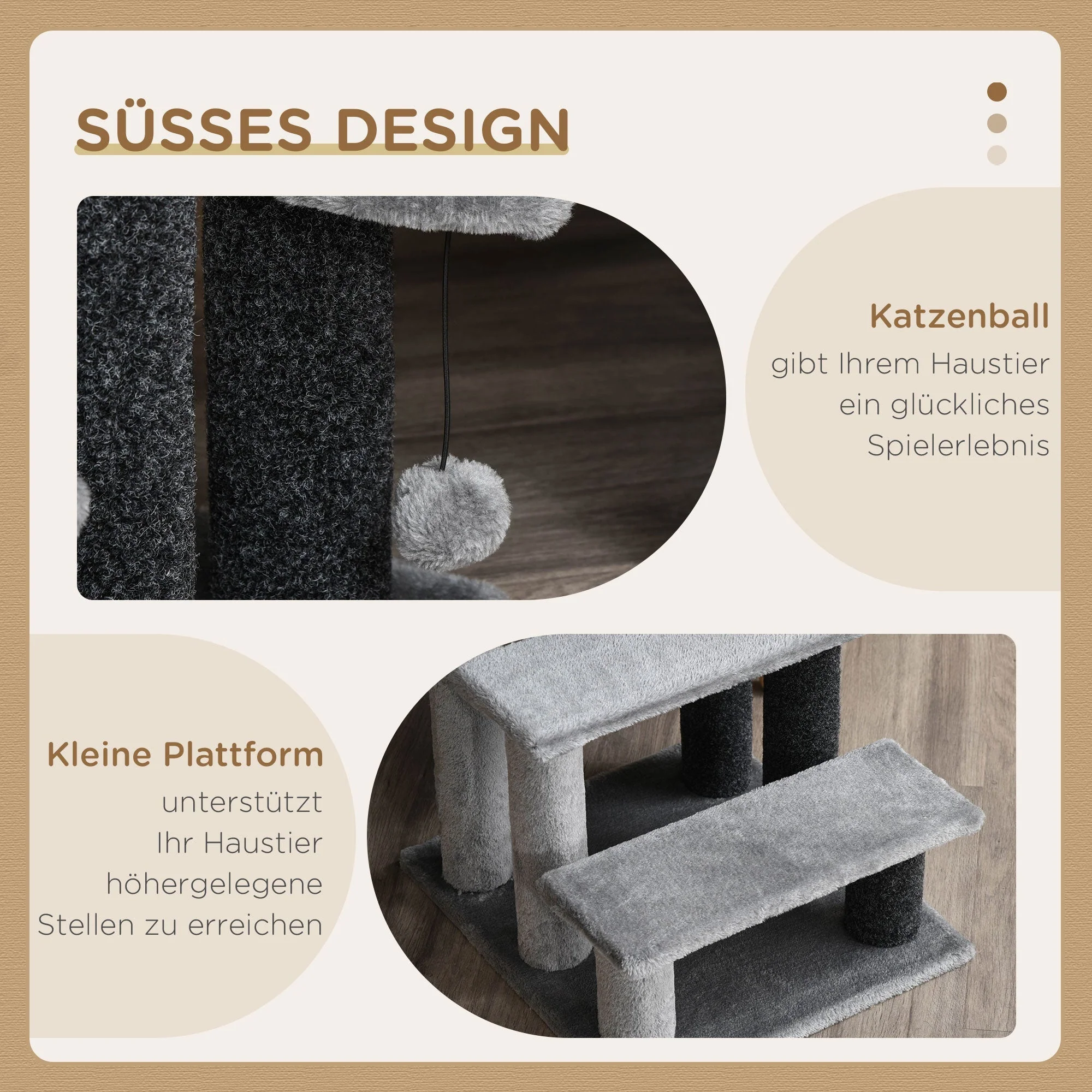Cat Stairs 3 Steps with Play Ball, Plush Grey - Image 5