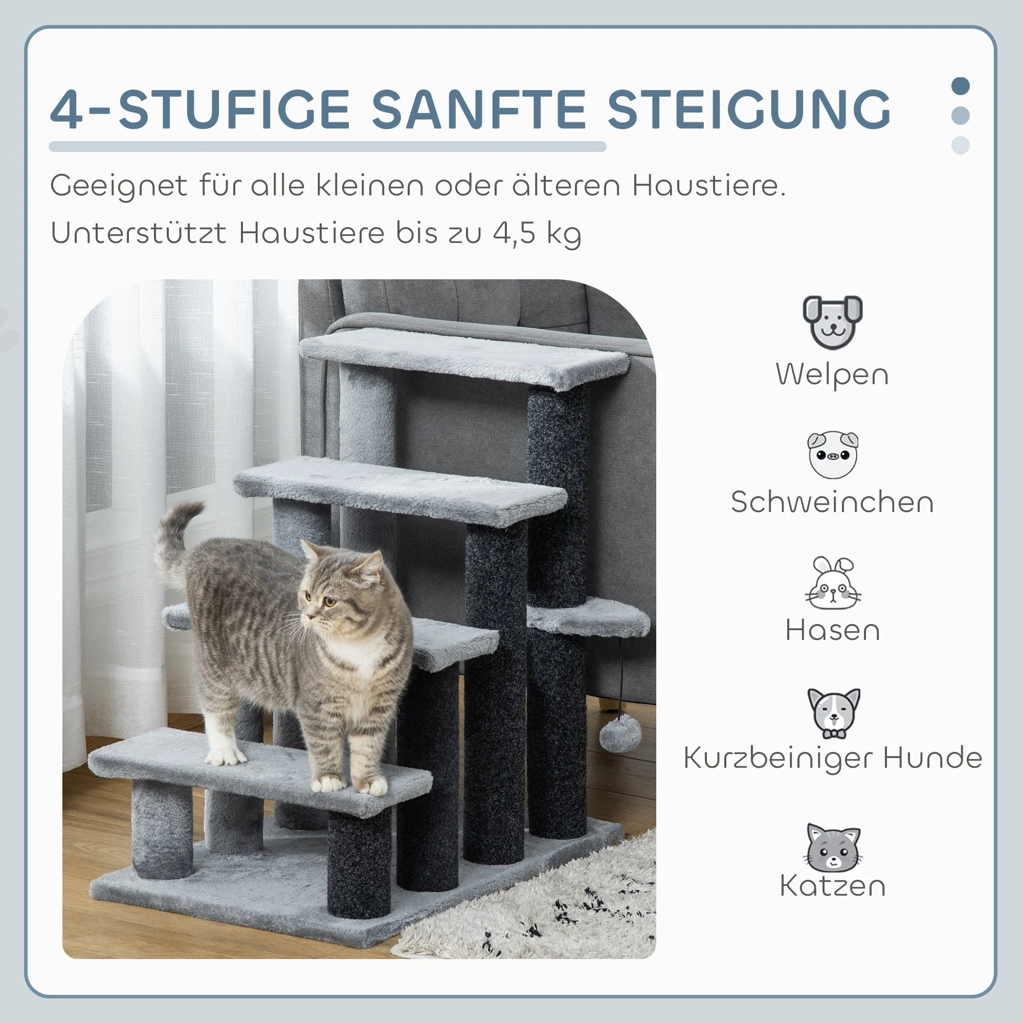 Cat Stairs, 64cm 4 Steps with Play Ball, Jute and Plush, Grey - Image 4