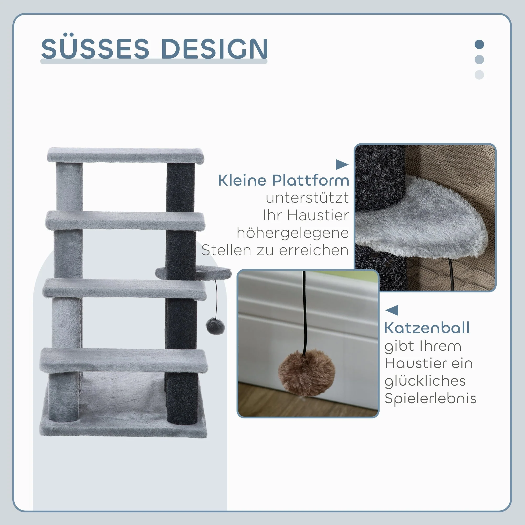 Cat Stairs, 64cm 4 Steps with Play Ball, Jute and Plush, Grey - Image 5