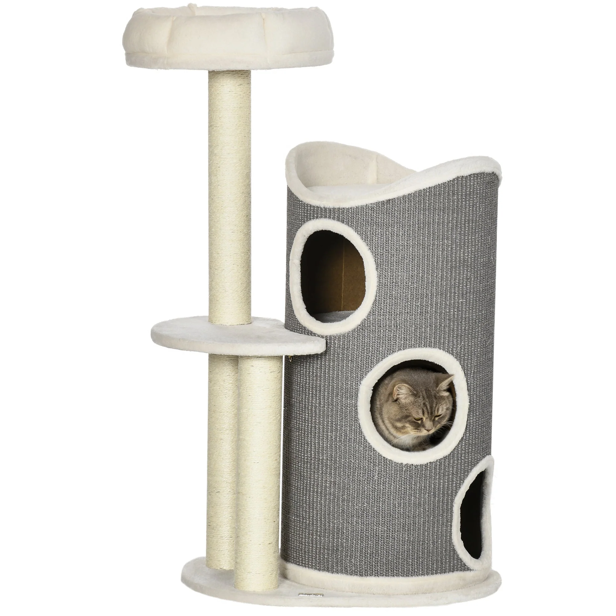 Cat Tree 109cm, Scratching Barrel & Bed, Sisal, White Grey