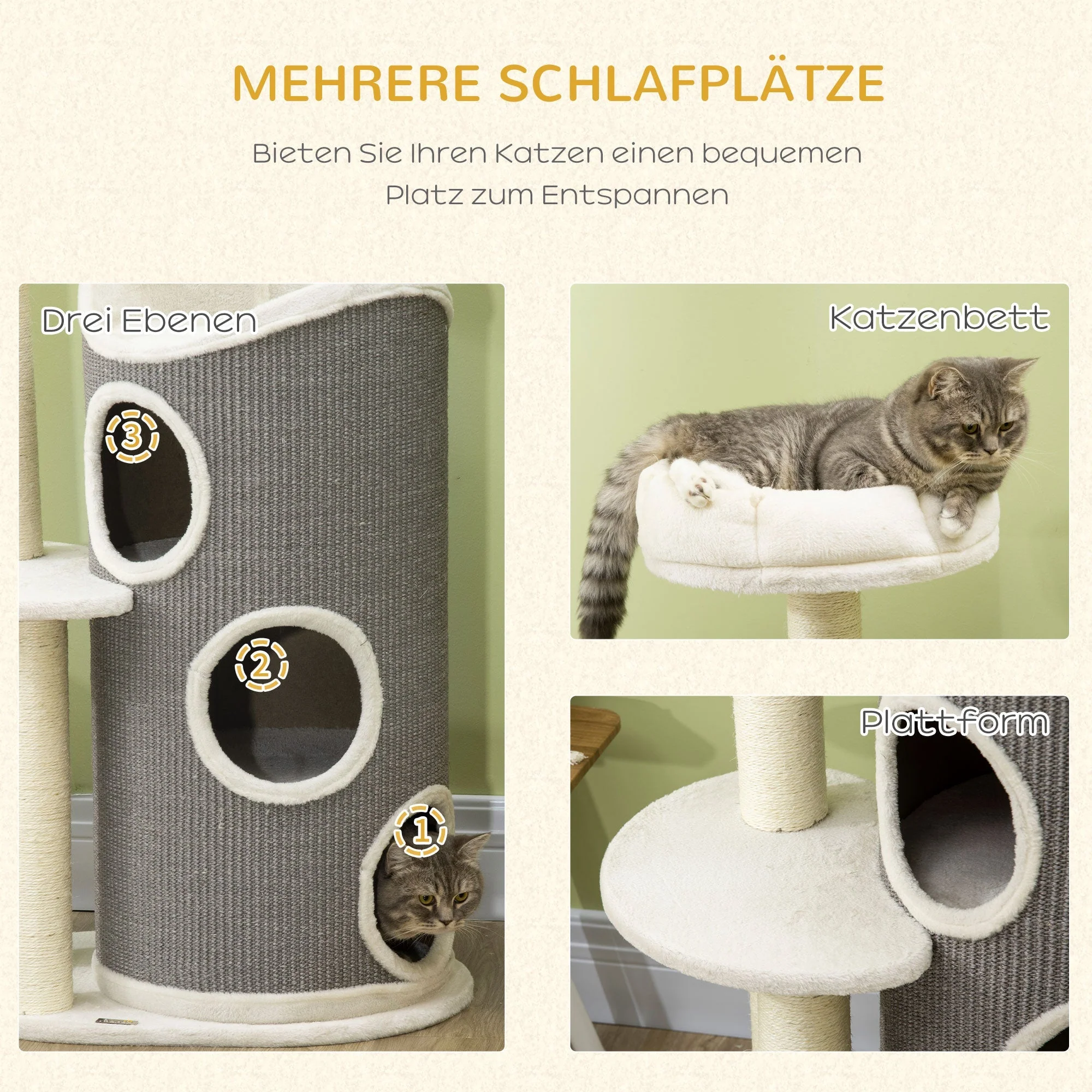 Cat Tree 109cm, Scratching Barrel & Bed, Sisal, White Grey - Image 5