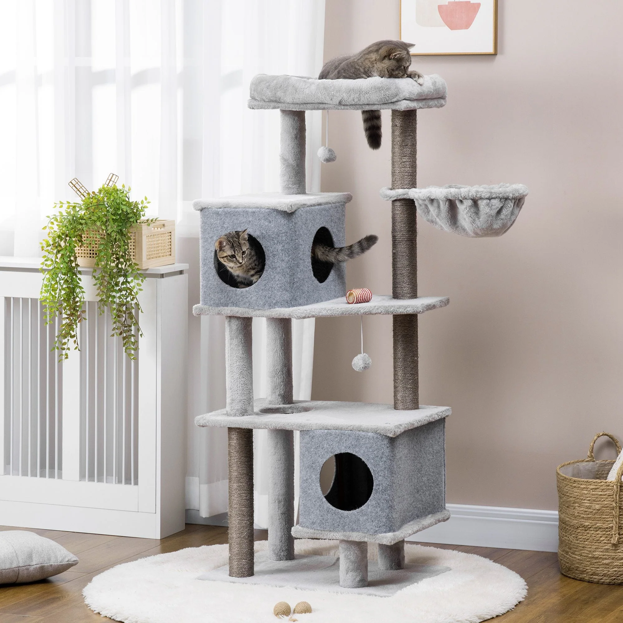 Cat Tree 142cm Sisal Post Caves Platforms, Grey - Image 2