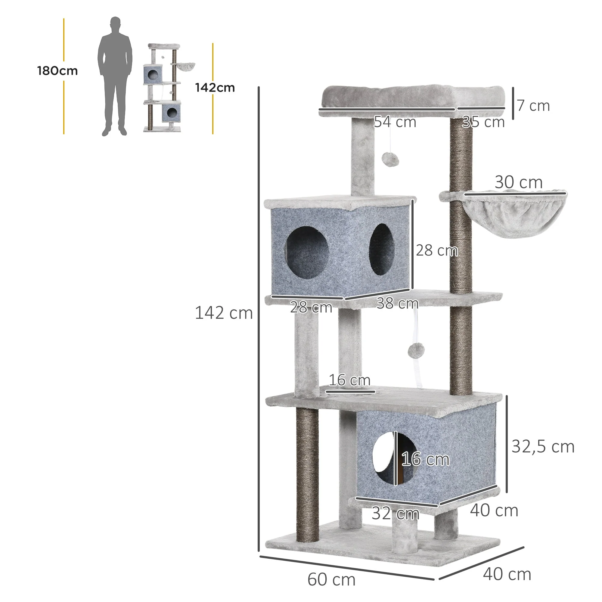 Cat Tree 142cm Sisal Post Caves Platforms, Grey - Image 3