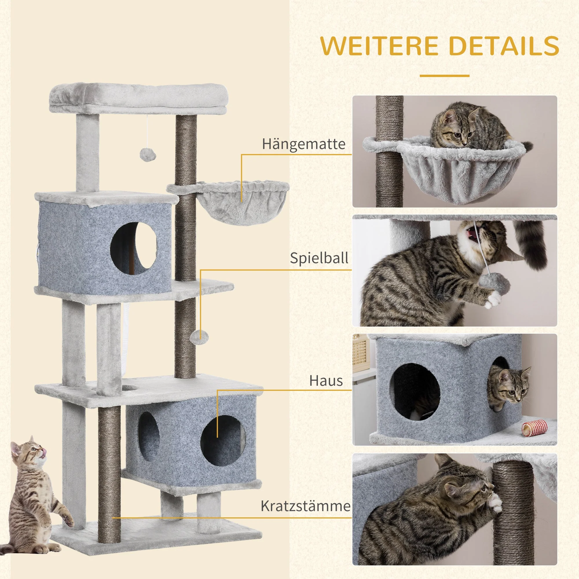 Cat Tree 142cm Sisal Post Caves Platforms, Grey - Image 5