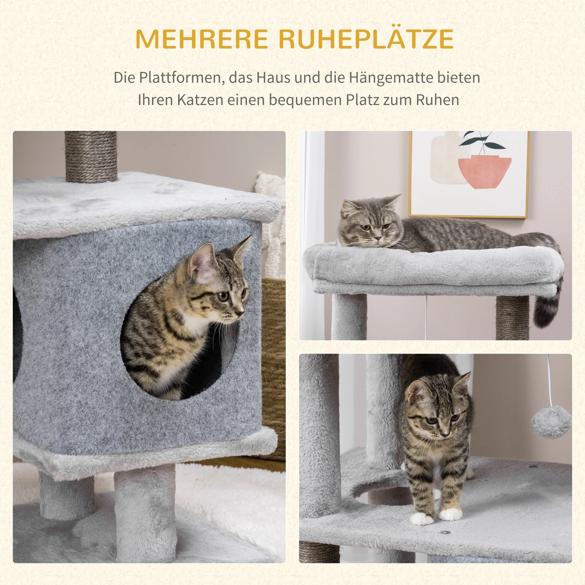 Cat Tree 142cm Sisal Post Caves Platforms, Grey - Image 6