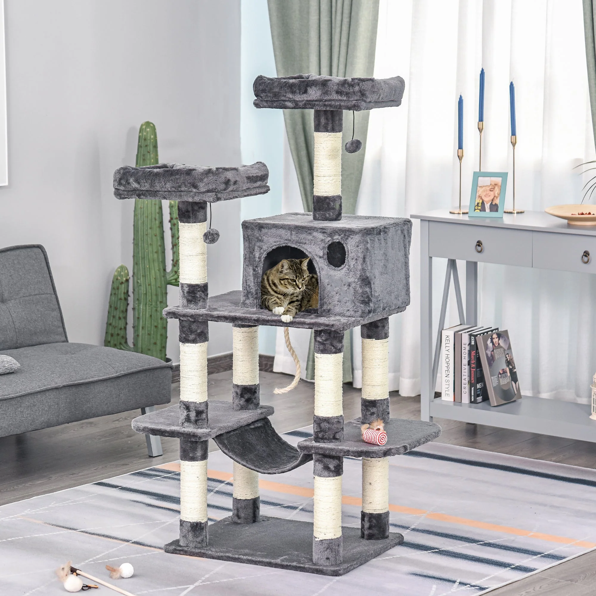 Cat Tree 144cm Wall Strap Hammock Cat House, Dark Grey - Image 2