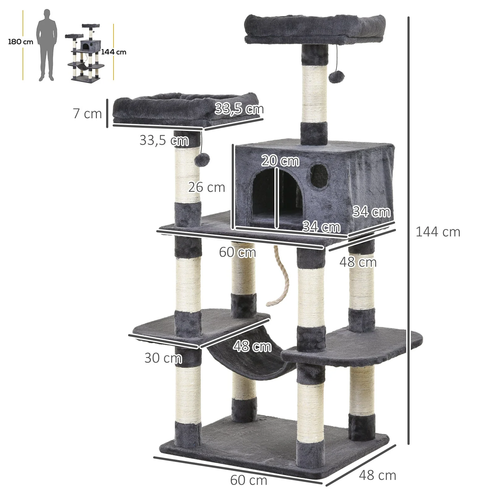Cat Tree 144cm Wall Strap Hammock Cat House, Dark Grey - Image 3