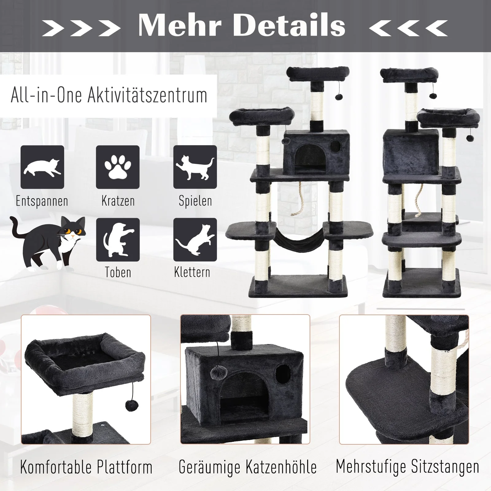 Cat Tree 144cm Wall Strap Hammock Cat House, Dark Grey - Image 4