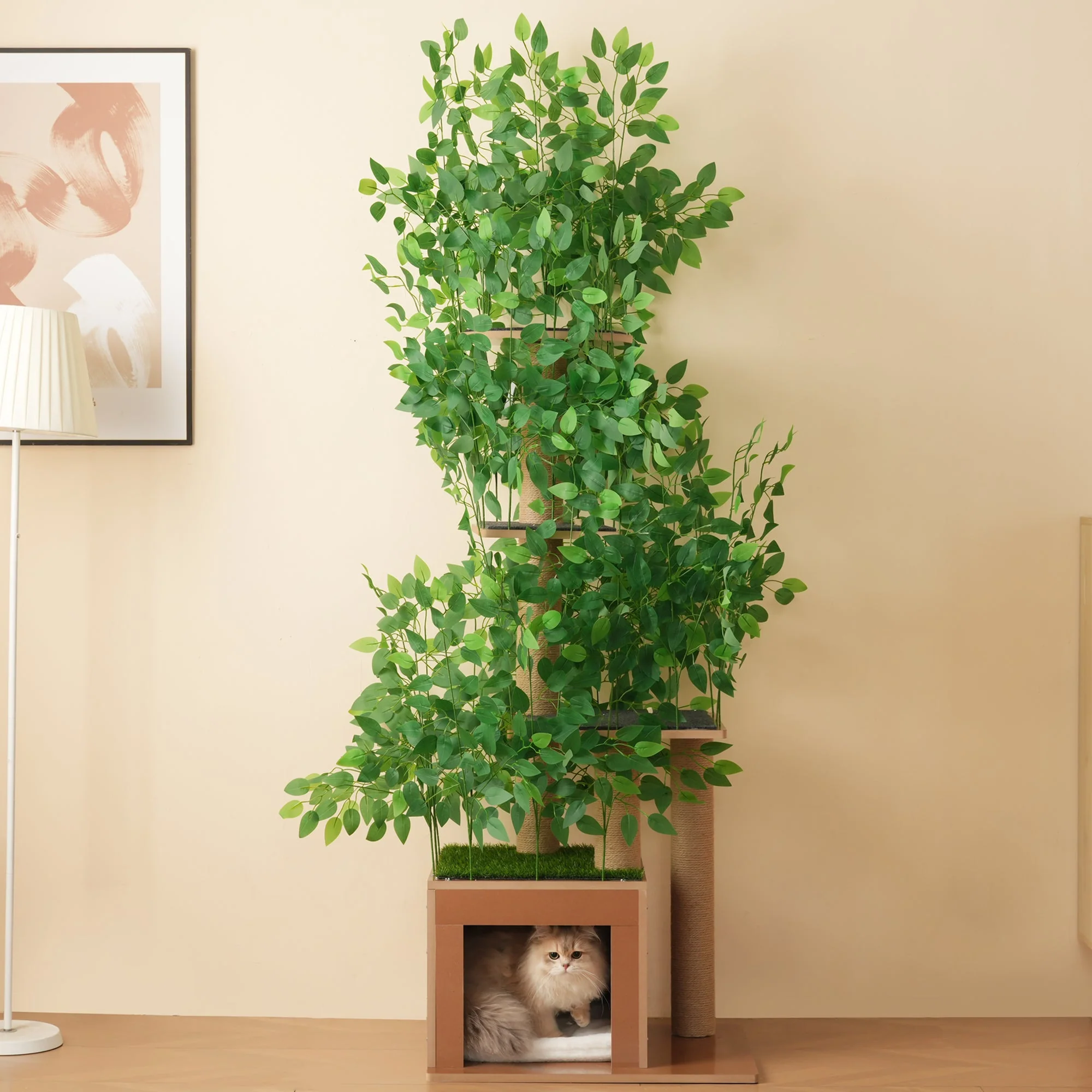 Cat Tree 190cm Tall Tree-Shaped 4 Platforms with Cat Holes Scratch-Resistant MDF - Image 4