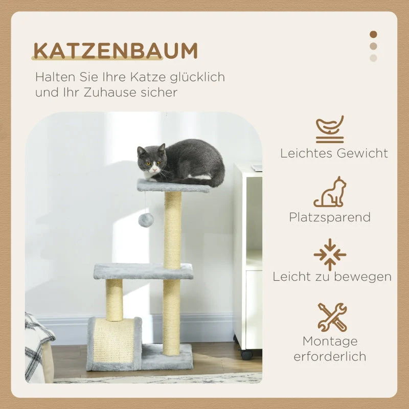 Cat Tree 72cm with Plush Balls, Sisal Posts, Platform, Scratching Board, Light Grey - Image 3