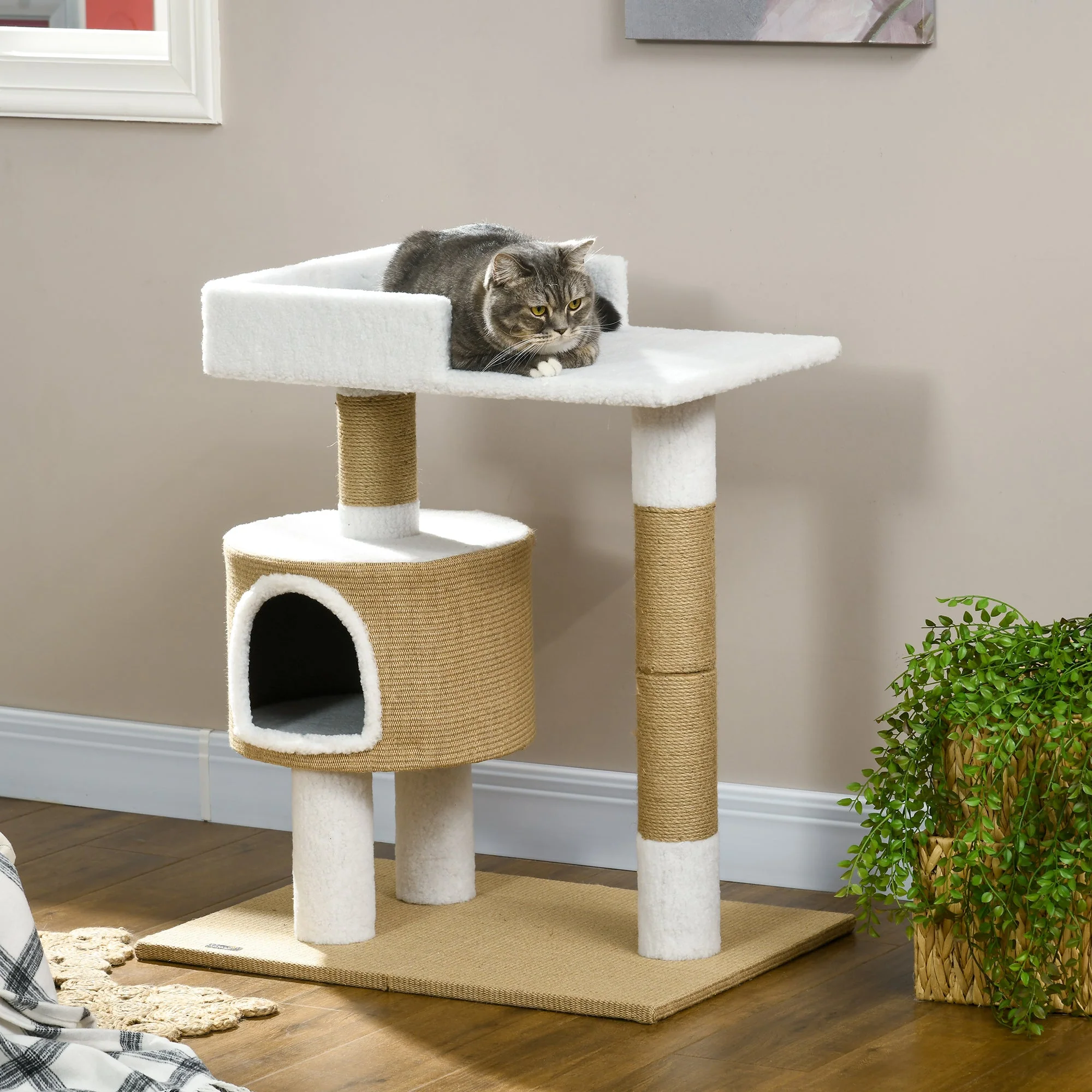 Cat Tree 79cm Small, with Cat Cave & Lying Area, Jute Brown/White - Image 2