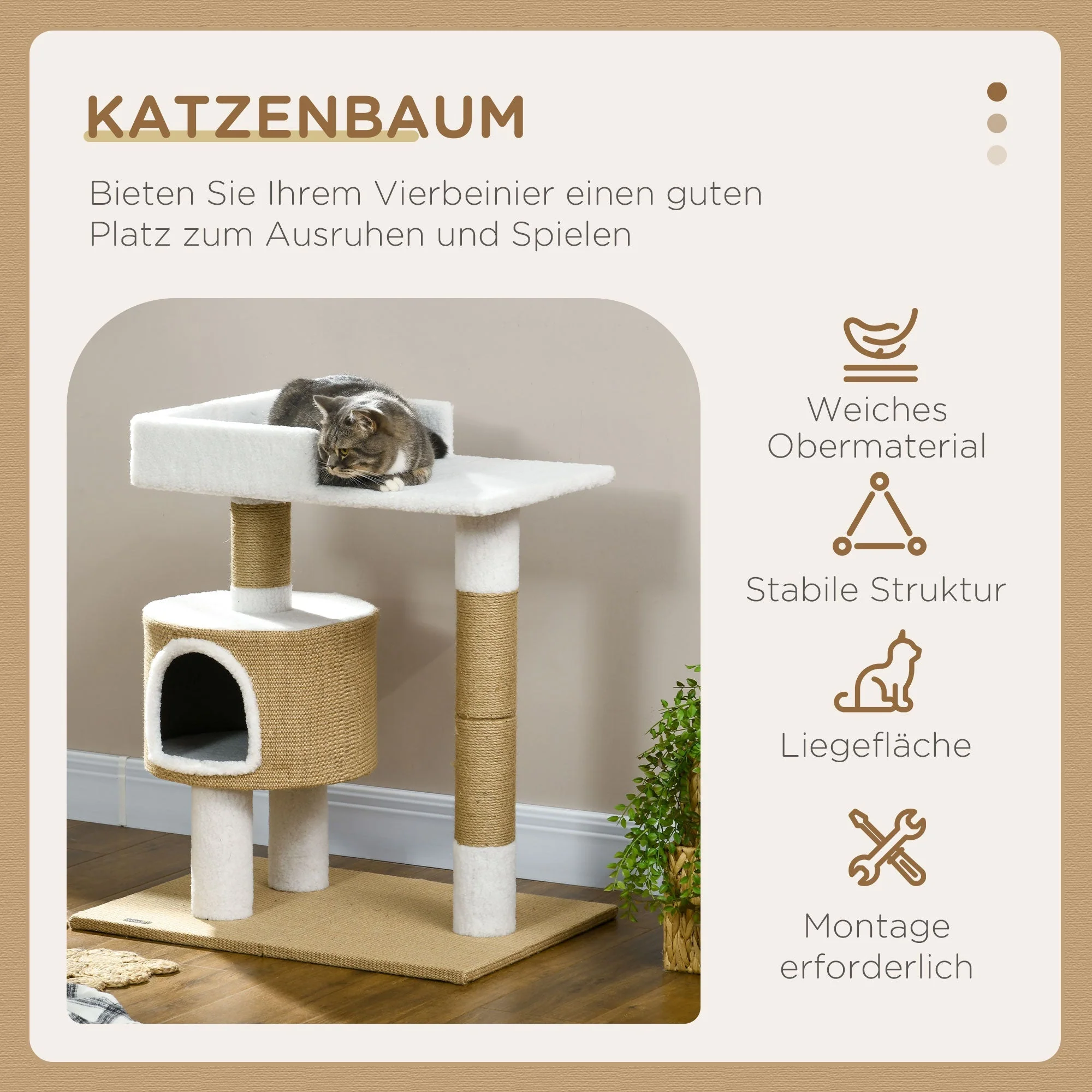 Cat Tree 79cm Small, with Cat Cave & Lying Area, Jute Brown/White - Image 4