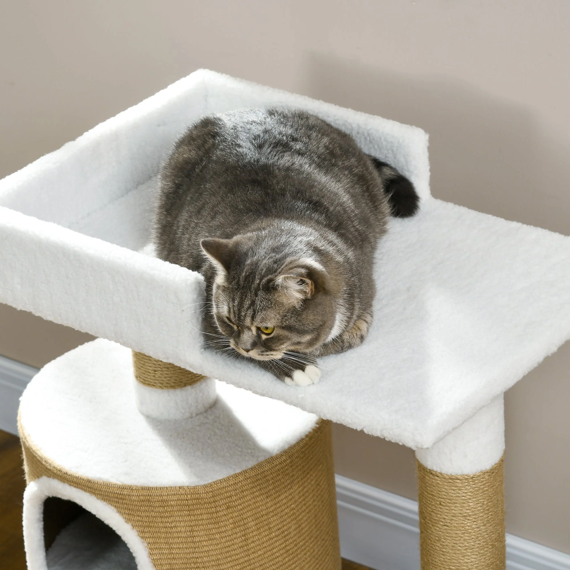Cat Tree 79cm Small, with Cat Cave & Lying Area, Jute Brown/White - Image 7