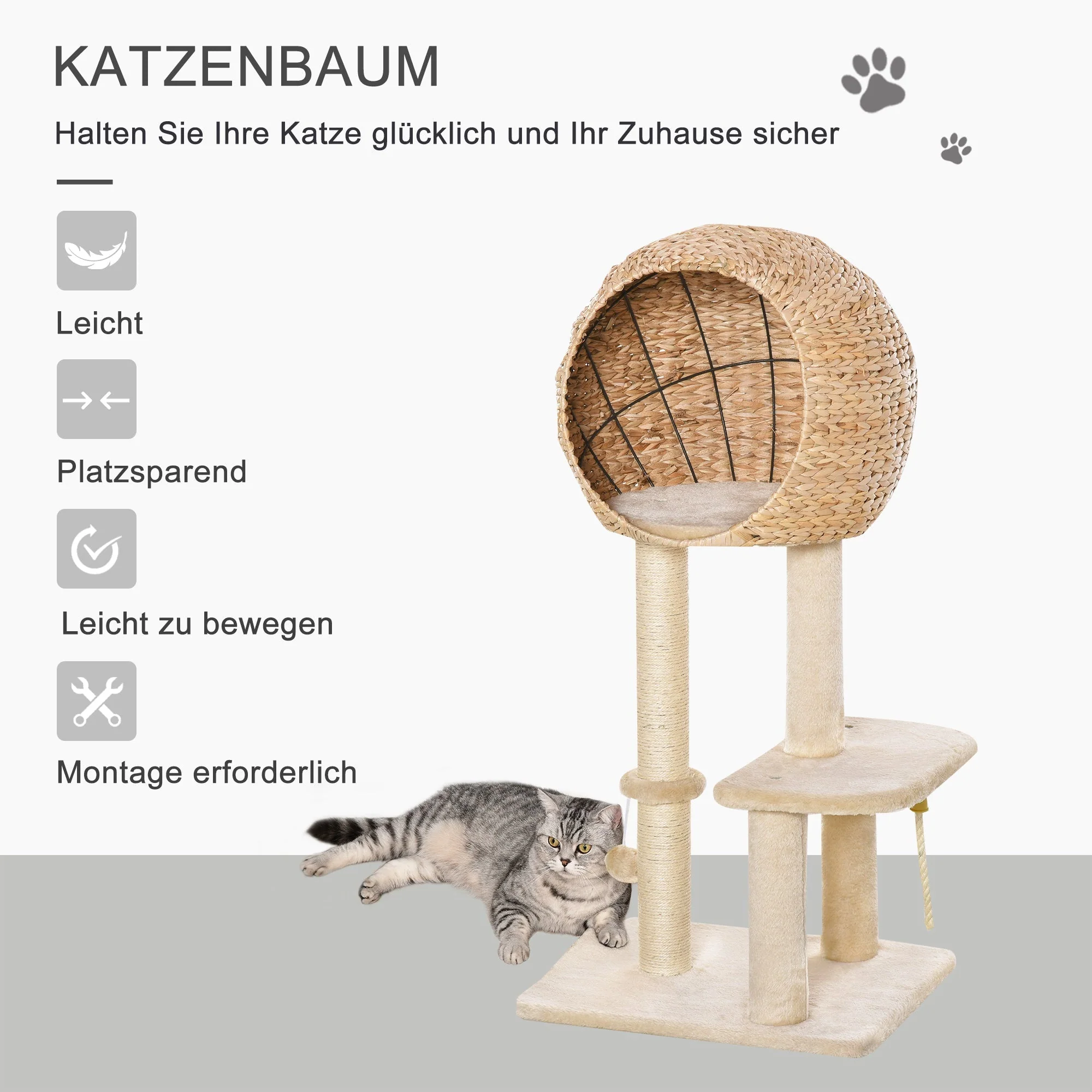 Cat Tree, Cat Cave 100H cm, Sisal Beige - Image 6