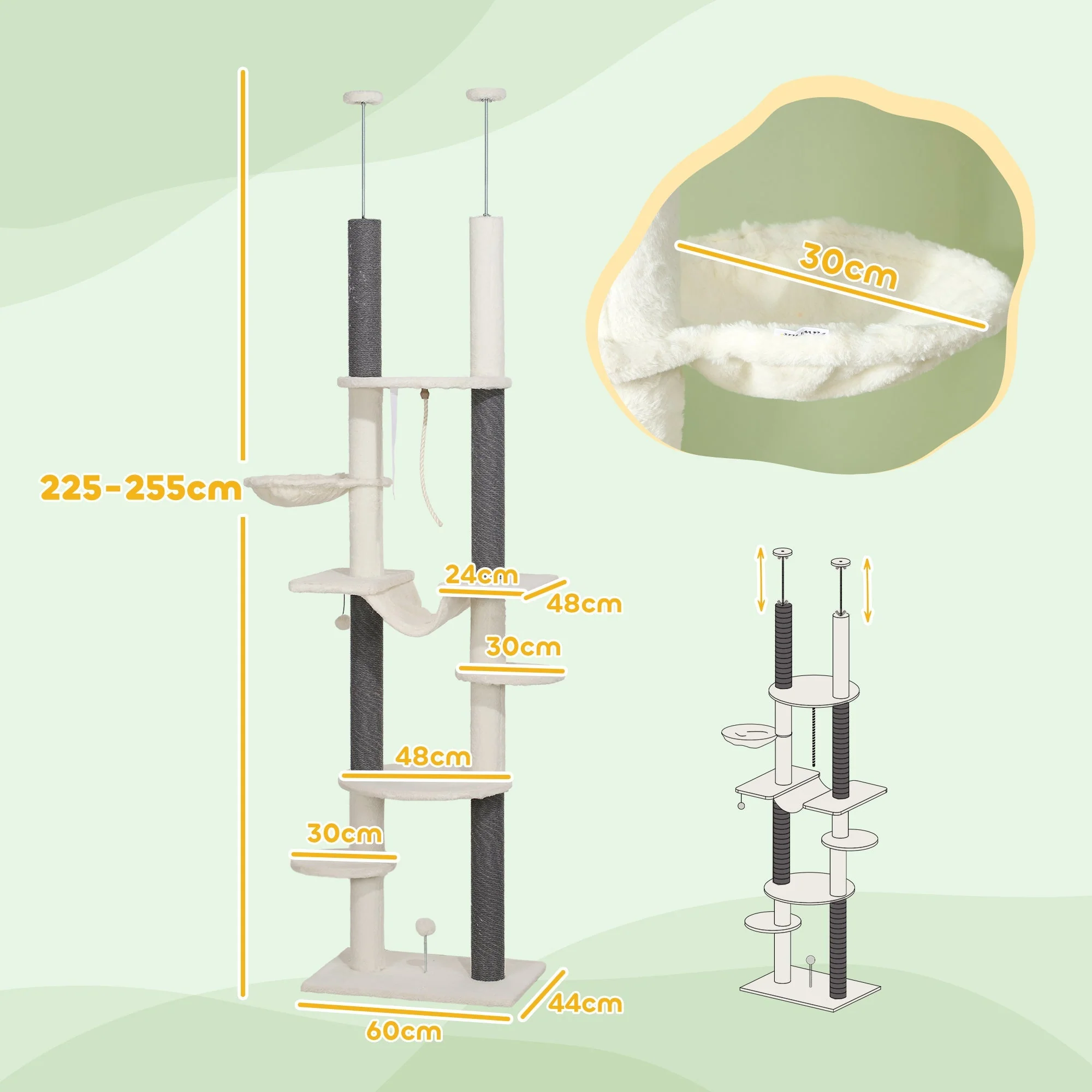 Cat Tree, Ceiling-High with Hammocks, Scratching Posts, White - Image 3
