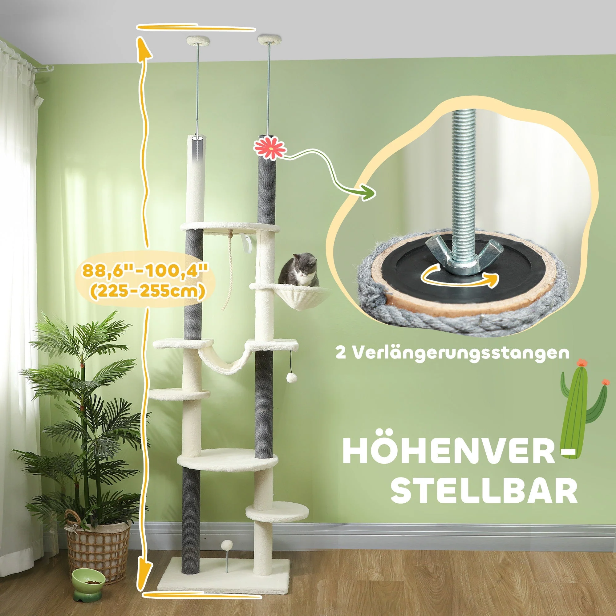 Cat Tree, Ceiling-High with Hammocks, Scratching Posts, White - Image 5