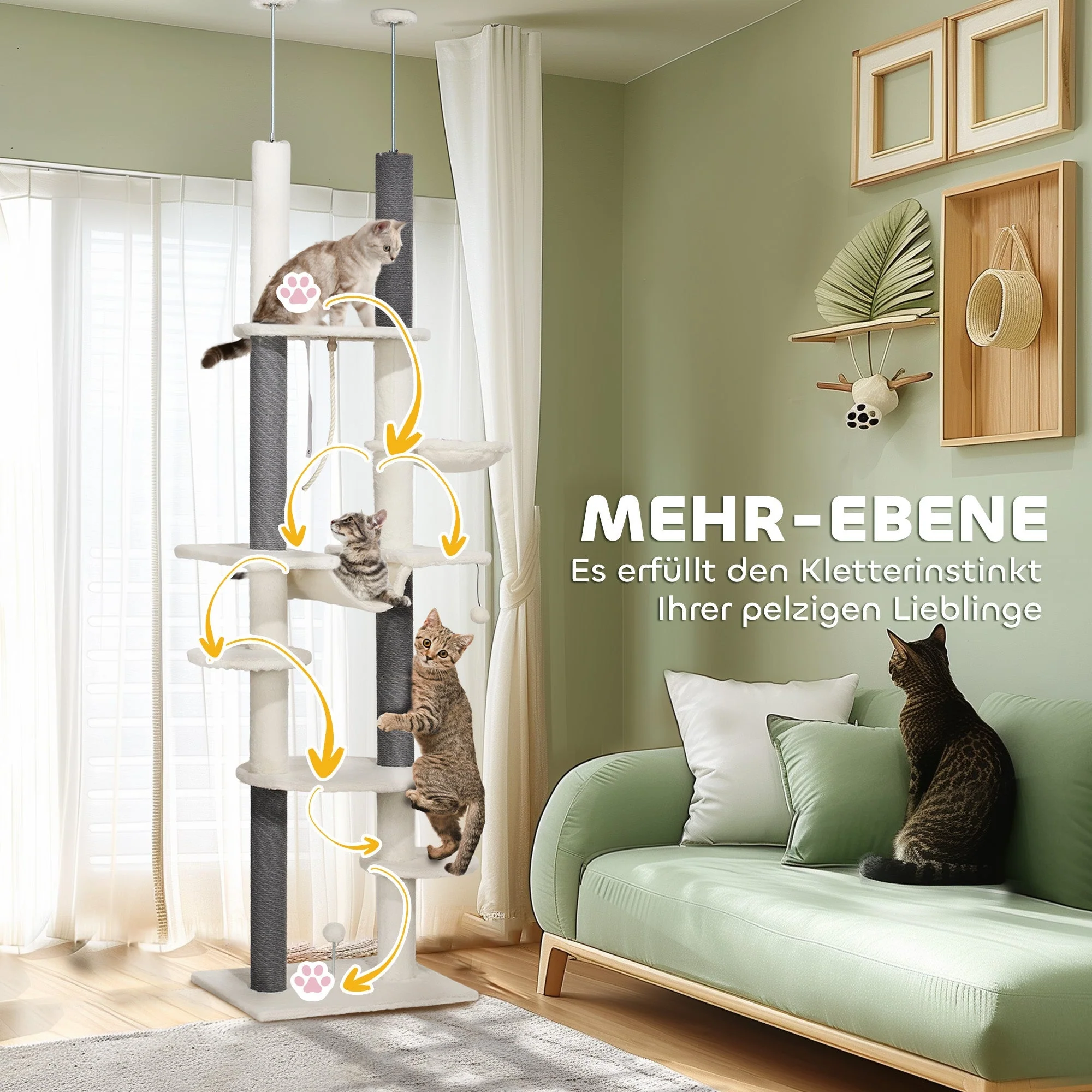 Cat Tree, Ceiling-High with Hammocks, Scratching Posts, White - Image 6