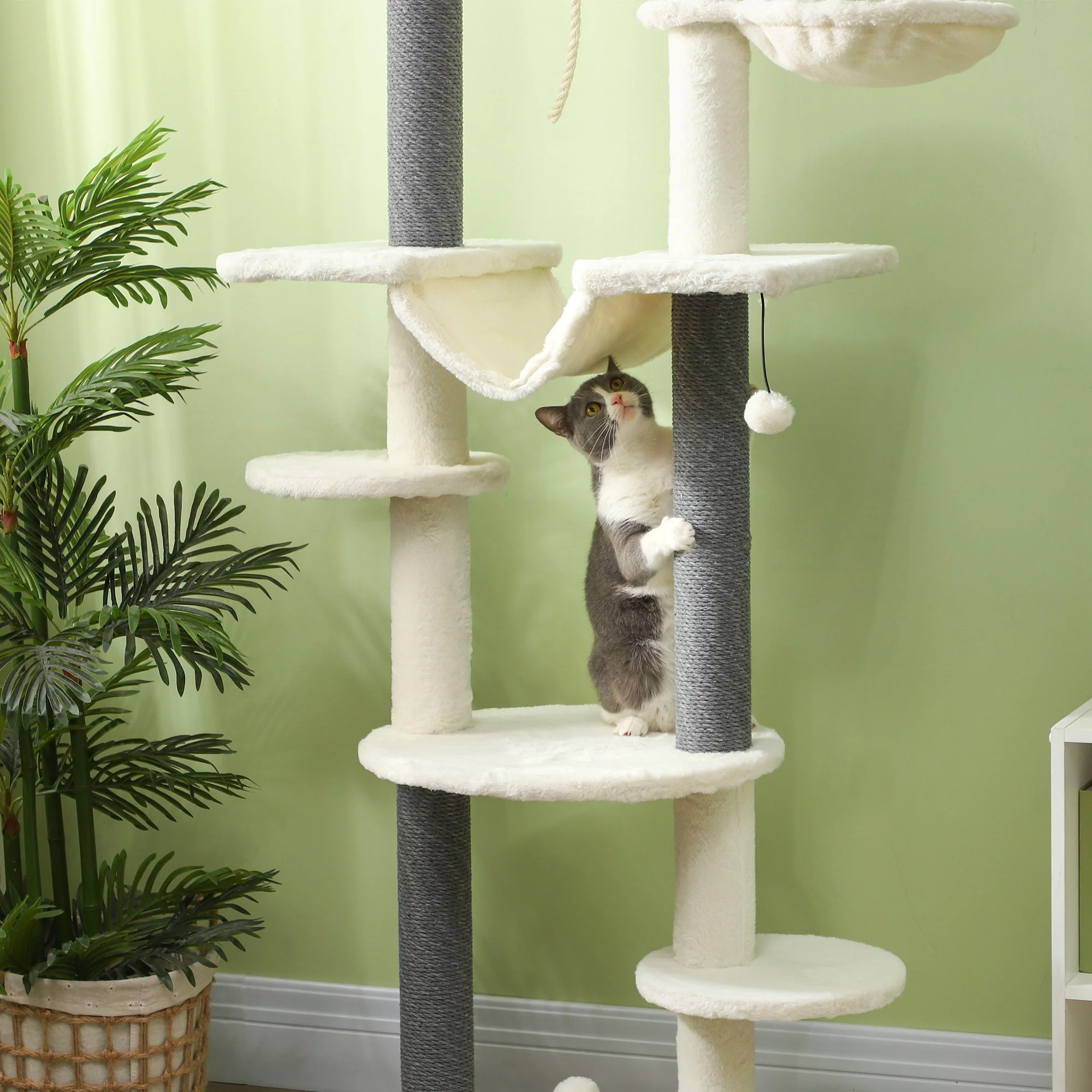 Cat Tree, Ceiling-High with Hammocks, Scratching Posts, White - Image 7