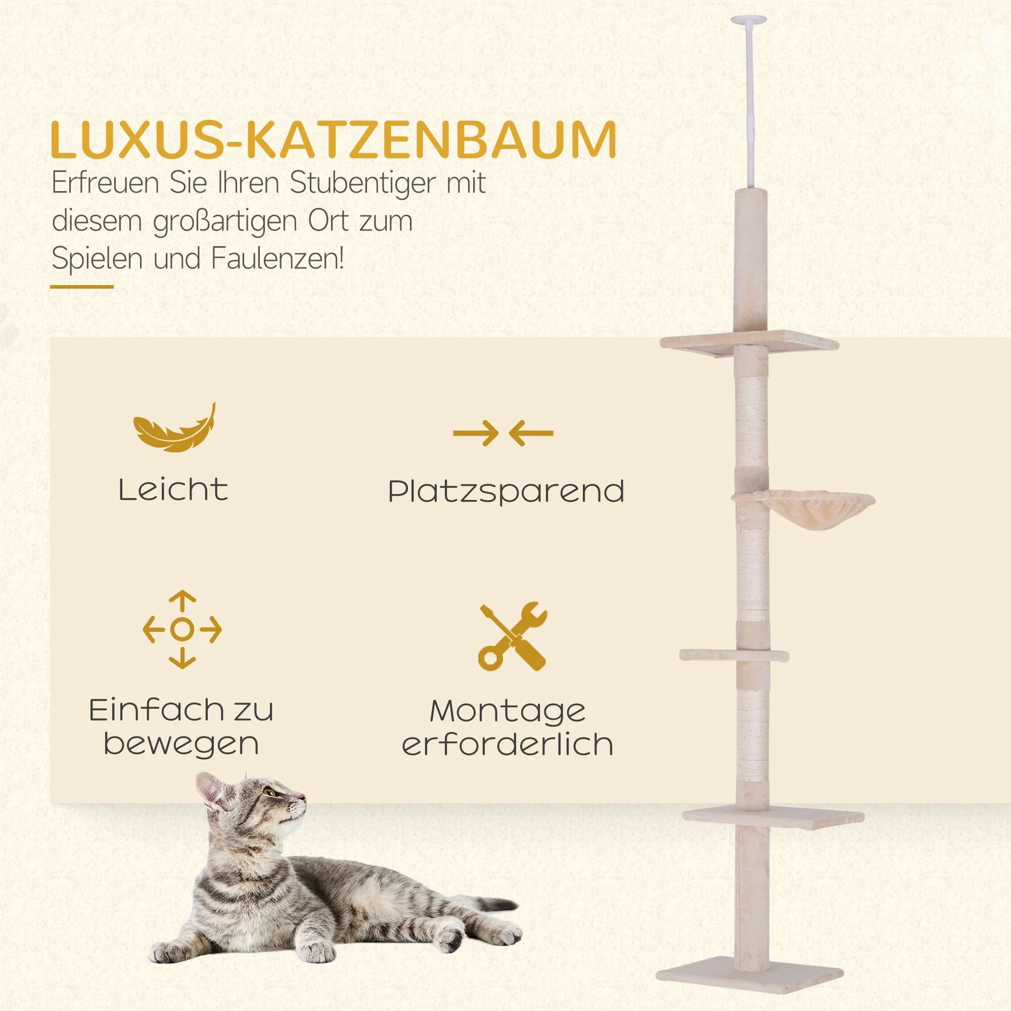 Cat Tree, Height Adjustable Climbing, Sturdy, Beige - Image 4