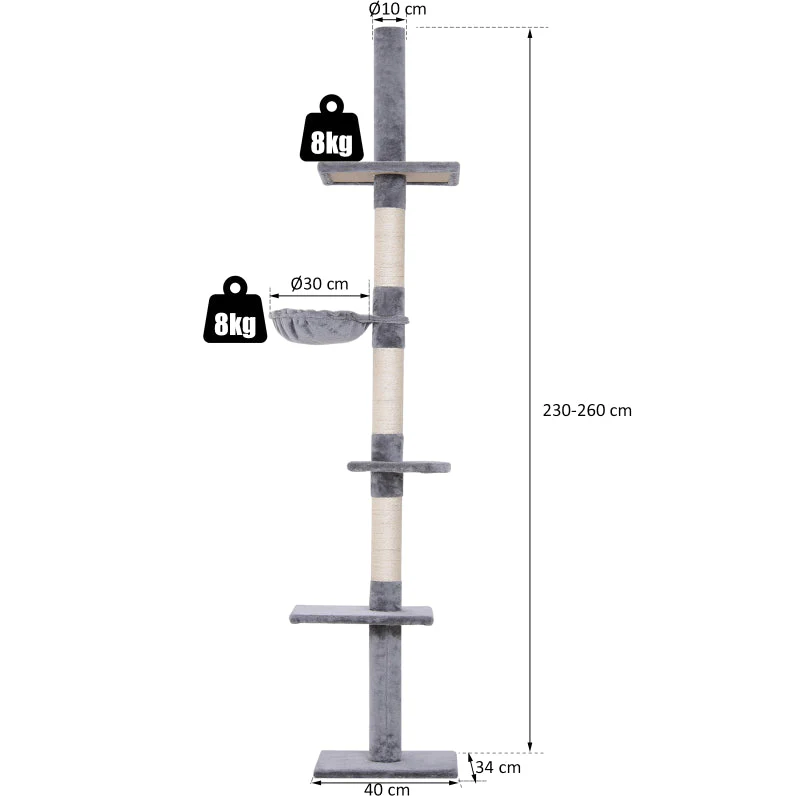 Cat Tree, Height Adjustable Sisal Posts, Grey - Image 3