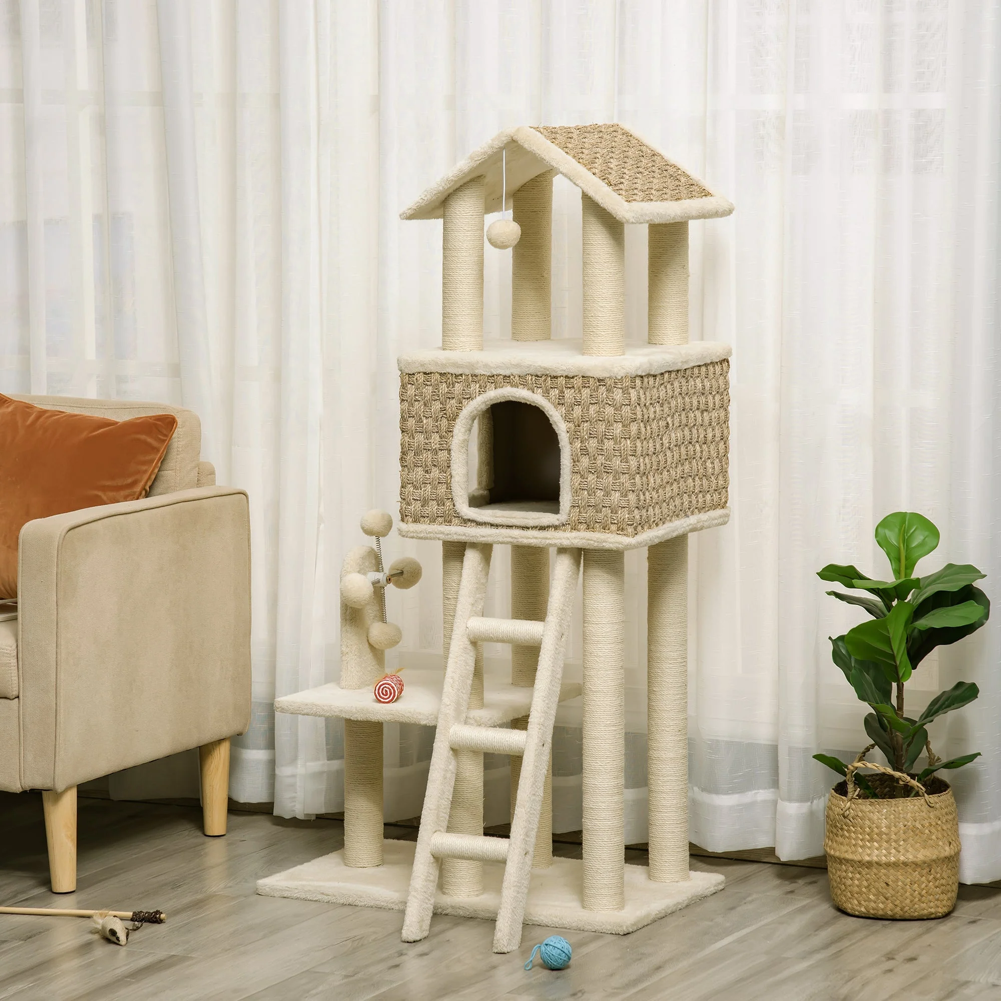 Cat Tree Large 130cm, Cat Cave & Play Balls, Khaki+Beige Chipboard Plush - Image 2