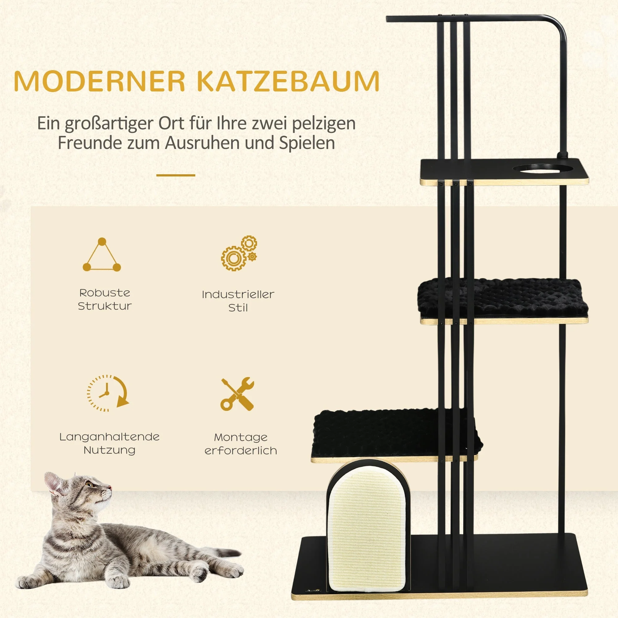 Cat Tree Large 170cm Cushion 3 Platforms Steel Black - Image 4