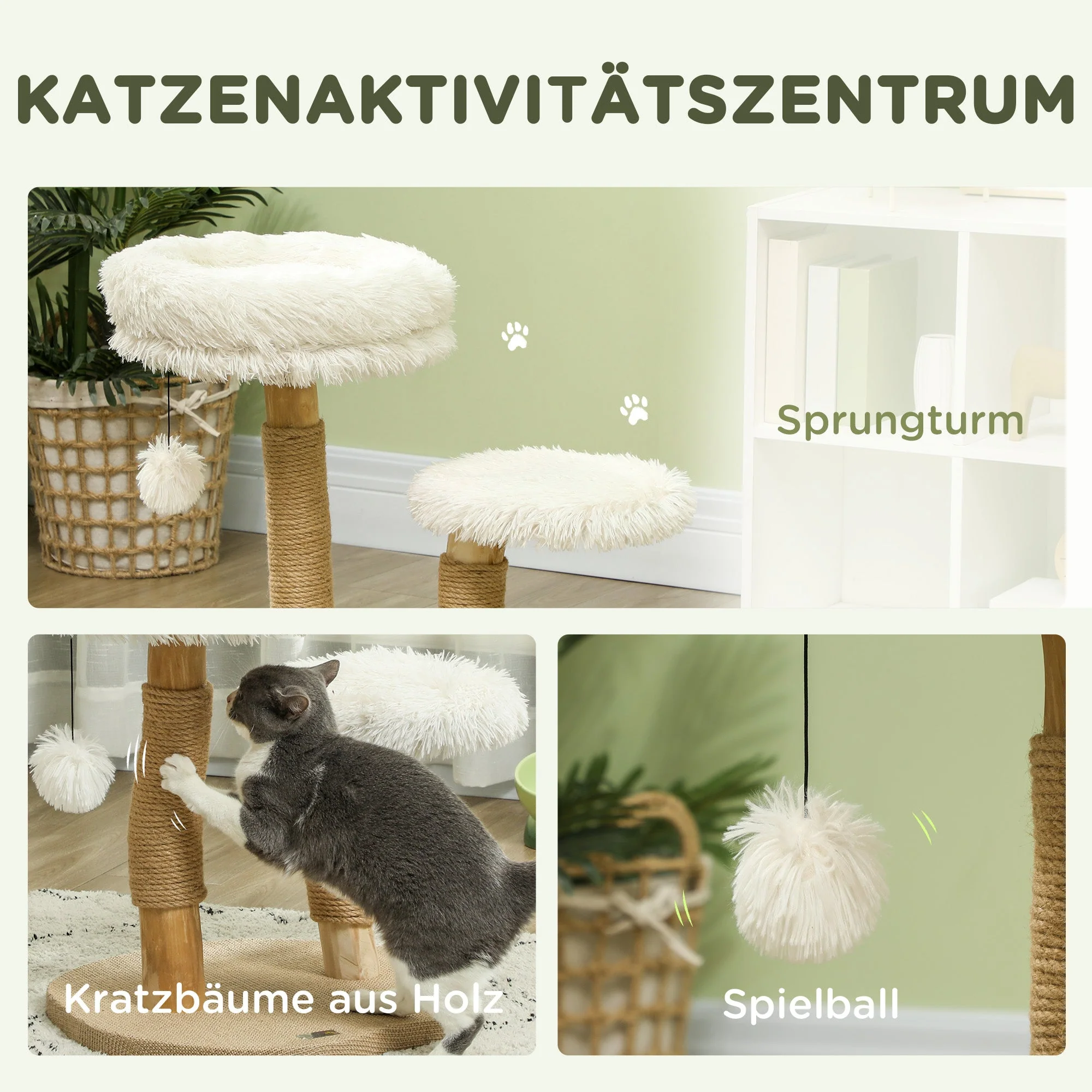 Cat Tree, Play Ball, Beds, Scratching Board, Pearwood White - Image 4