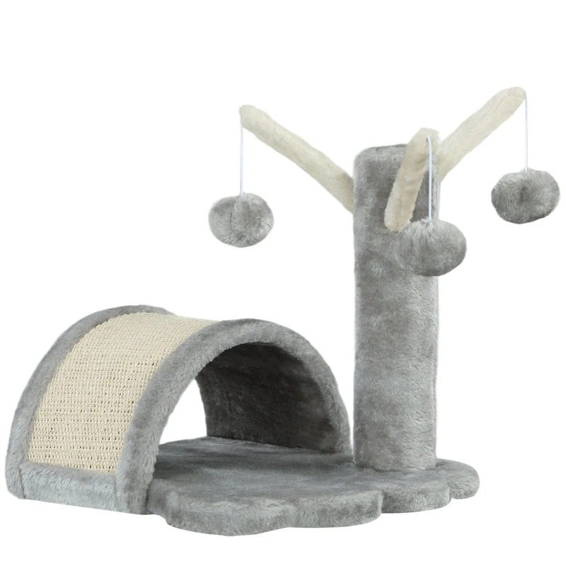 Cat Tree, Small Tower with Cave, 2 Play Balls, Scratching Mat, Light Grey - Image 2