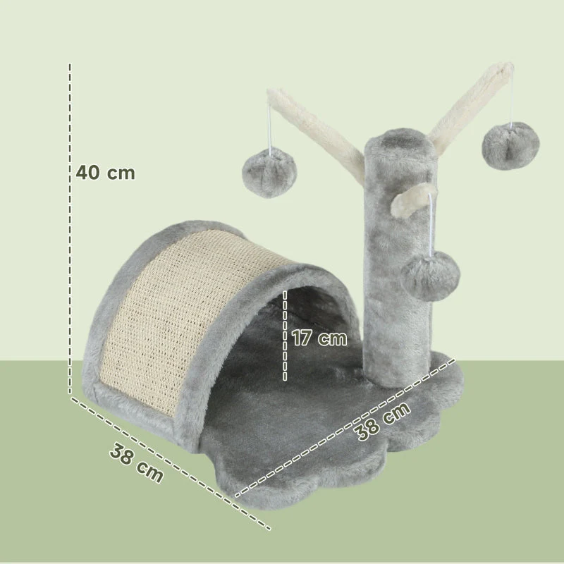 Cat Tree, Small Tower with Cave, 2 Play Balls, Scratching Mat, Light Grey - Image 3