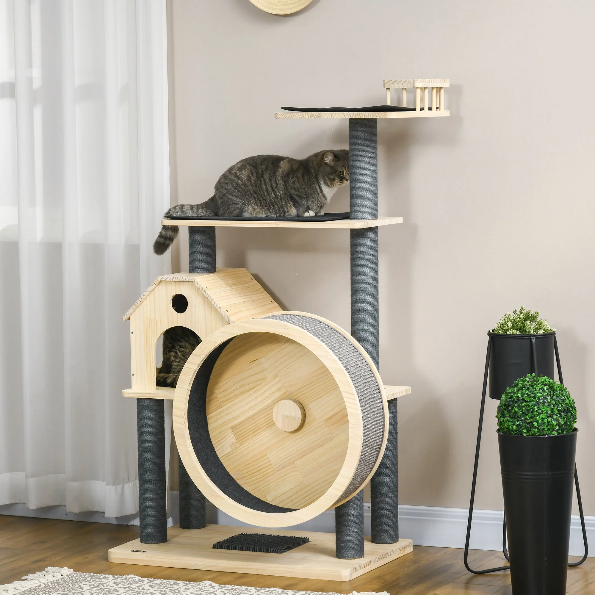 Cat Tree with Exercise Wheel 4 Levels Sisal Posts, Pine Wood