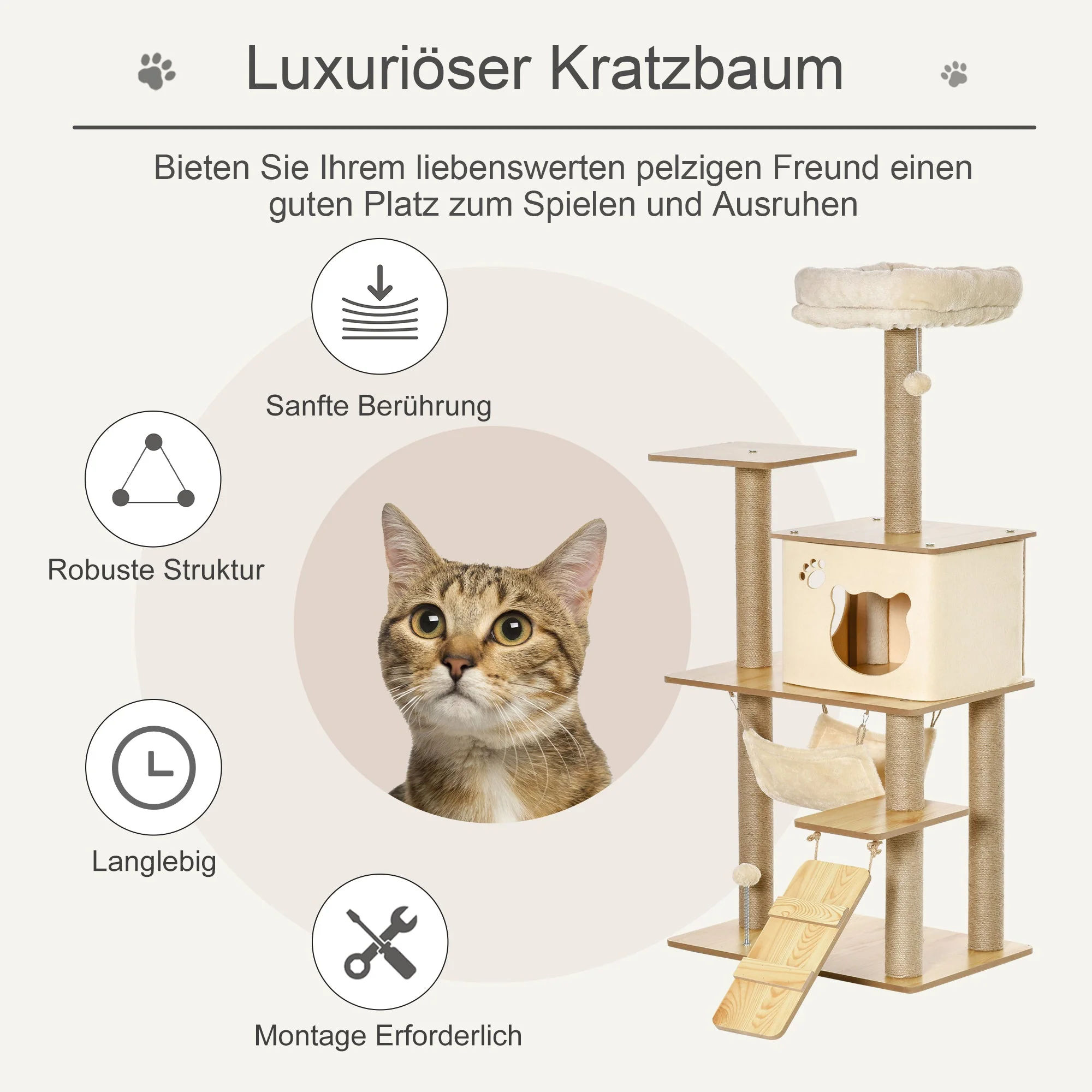 Cat Tree Wood with Climbing & Cave, Jute Posts, 60x40x130cm, Yellow - Image 4