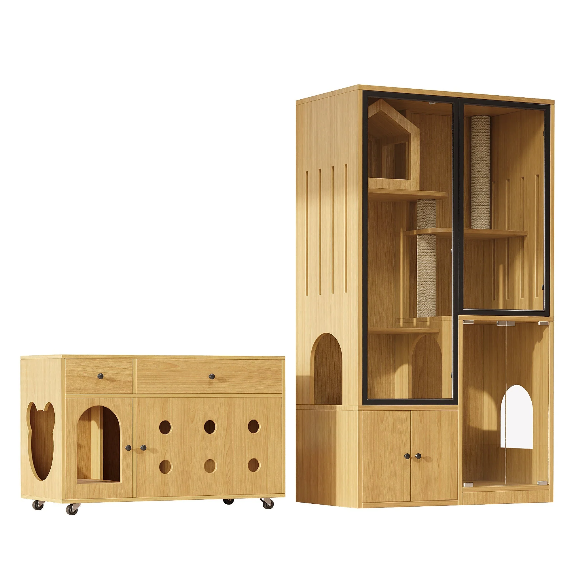 Cat Villa Litter Box Cabinet Glass House - Yellow Maple Wood Color - Image 3