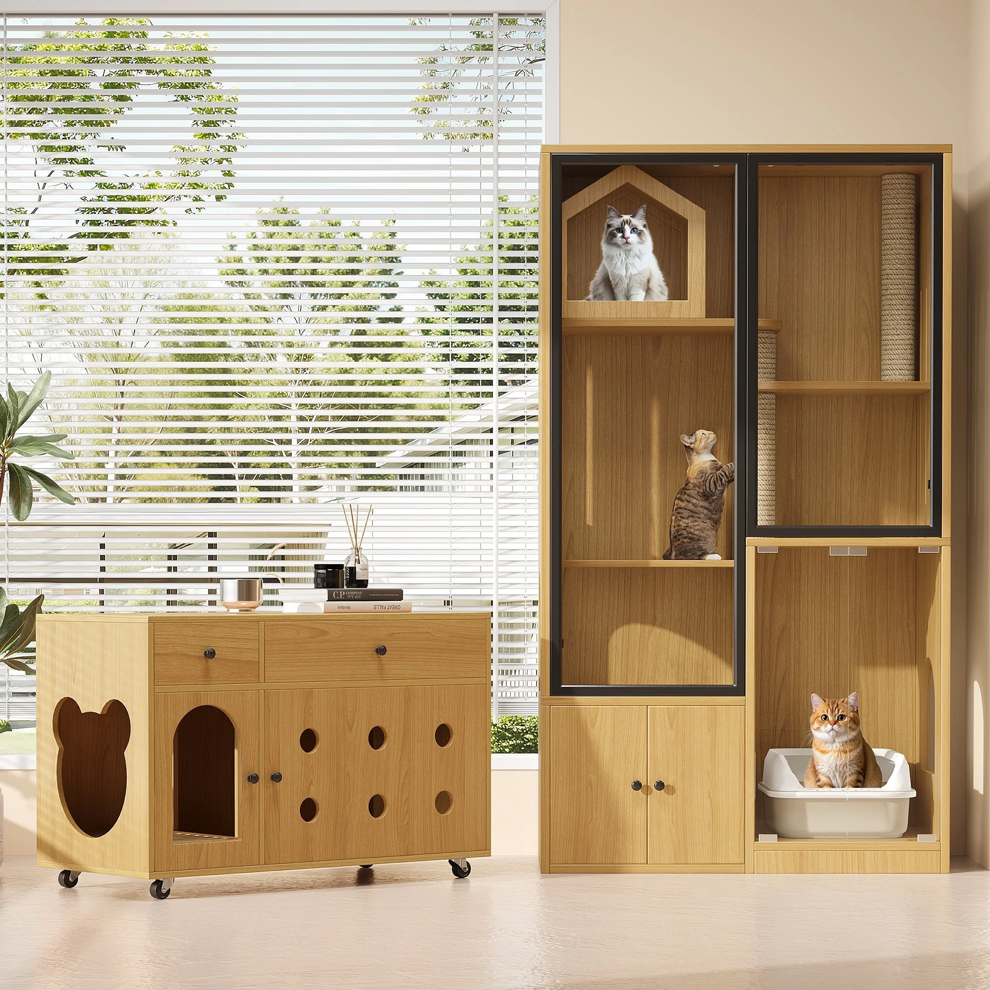 Cat Villa Litter Box Cabinet Glass House - Yellow Maple Wood Color - Image 4