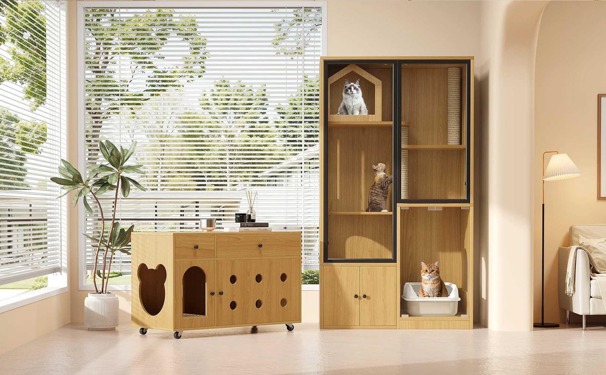 Cat Villa Litter Box Cabinet Glass House - Yellow Maple Wood Color - Image 7