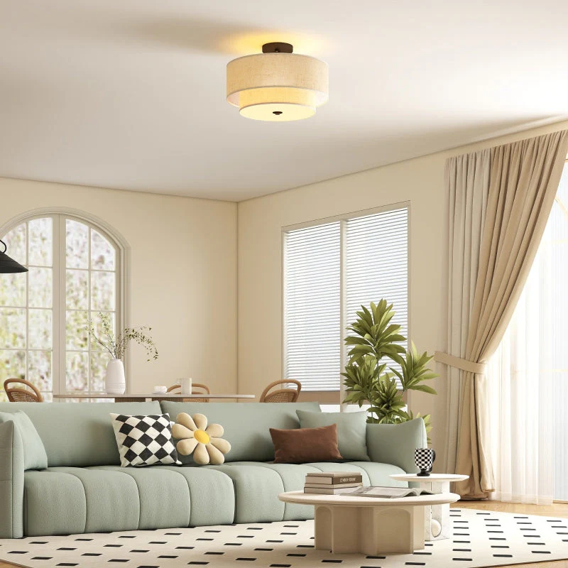Ceiling Lamp, Double Shades, Pendant Light, Linen Look, Cream White - Image 3