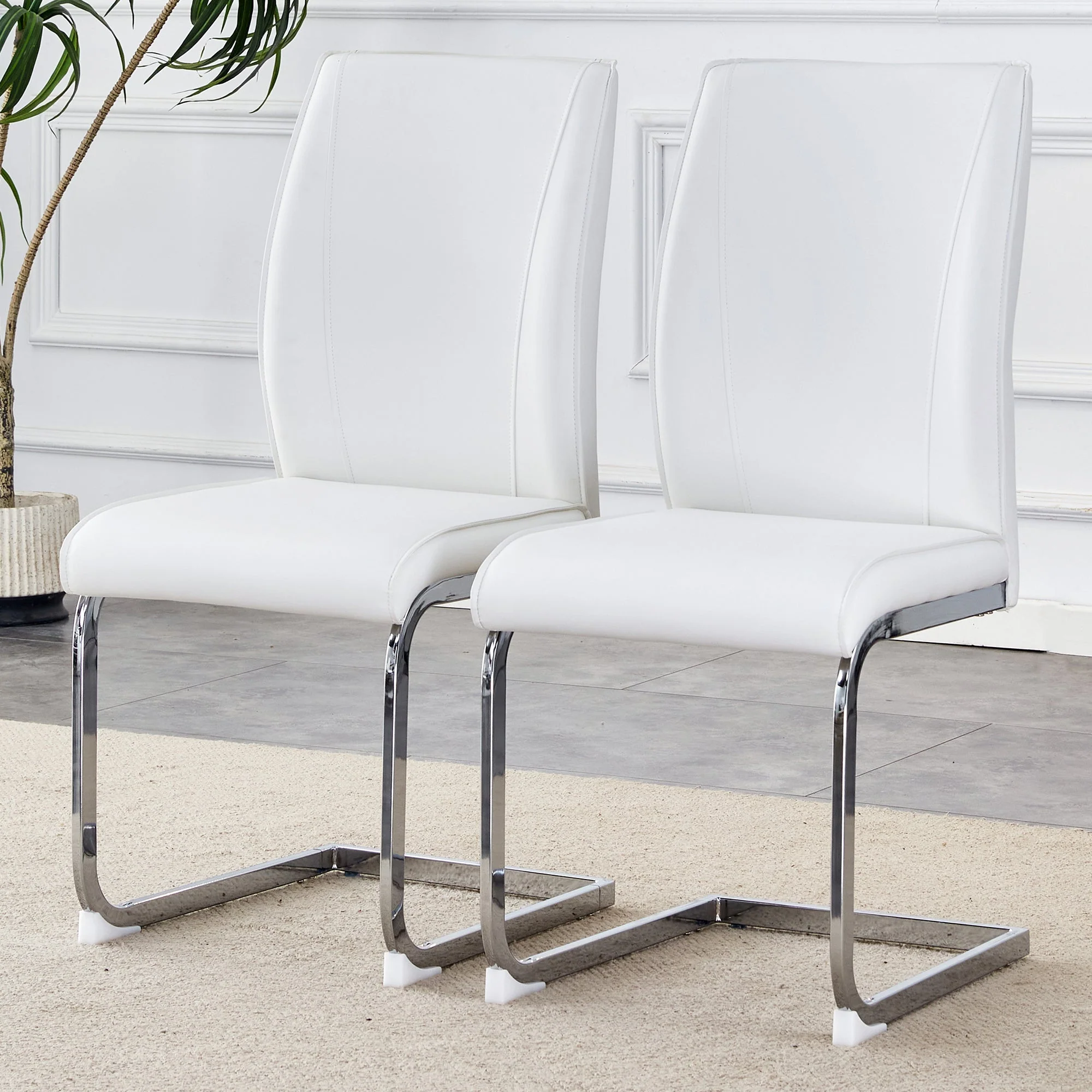 Chairs Set of 2 Elegant Modern PU Comfort Cushion Silver Metal Legs - White
