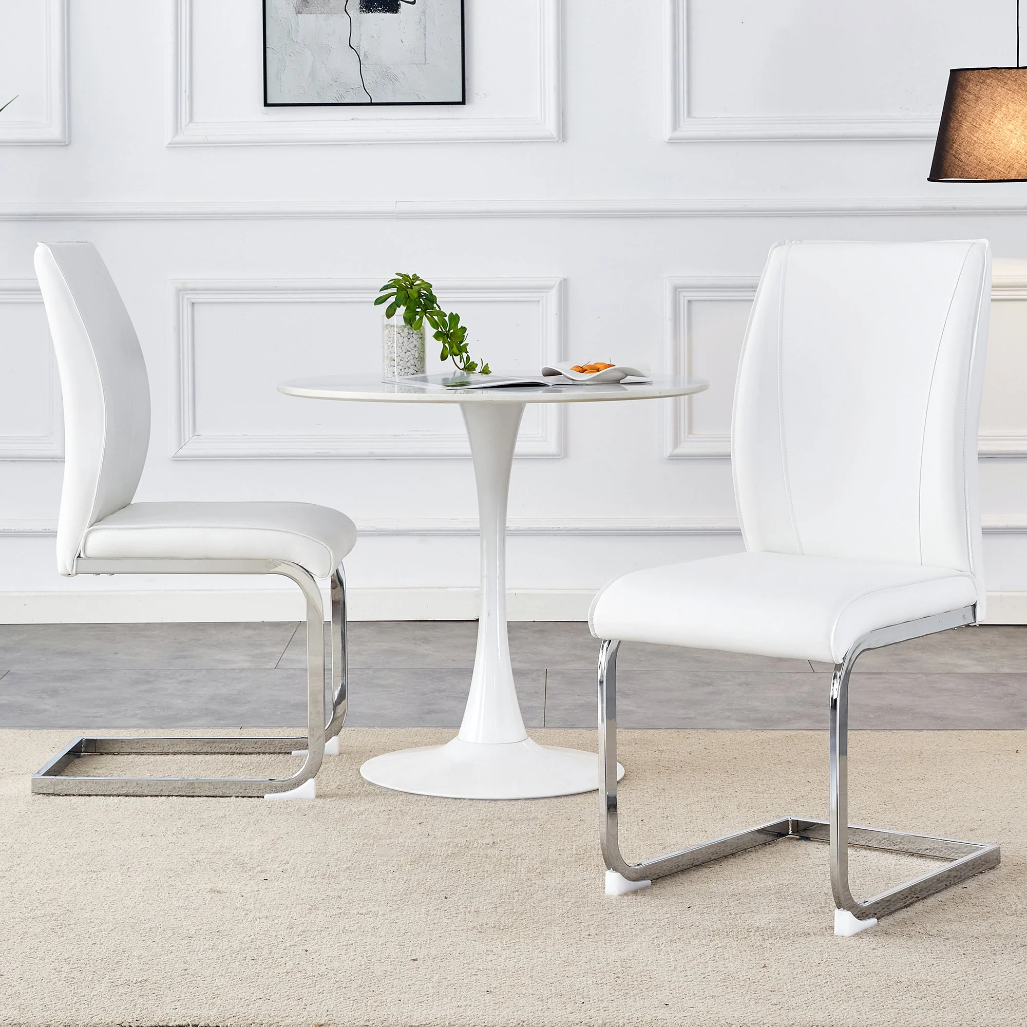 Chairs Set of 2 Elegant Modern PU Comfort Cushion Silver Metal Legs - White - Image 3