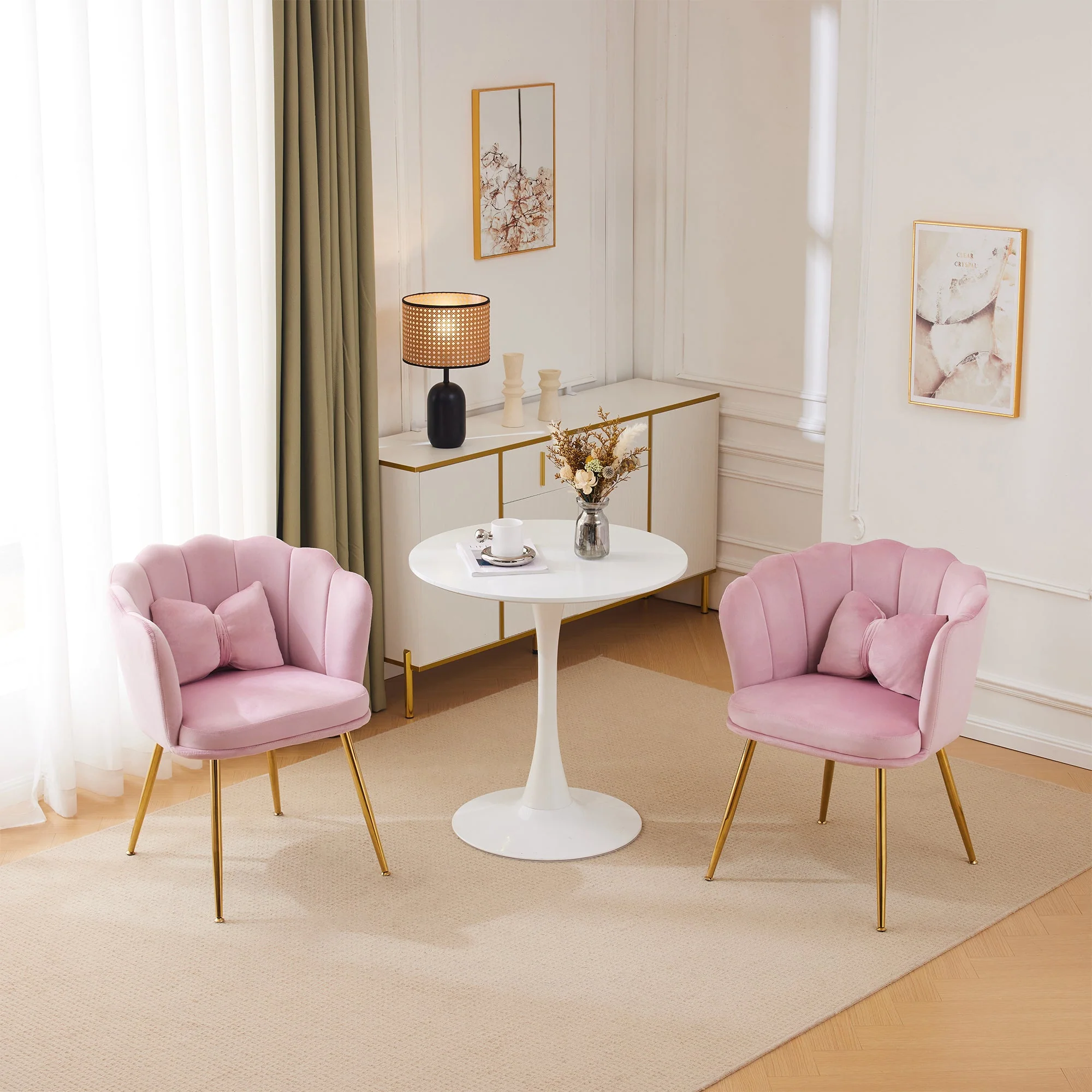 Chairs, Set of 2 Upholstered Petal Back with Gold Legs, Velvet - Image 5