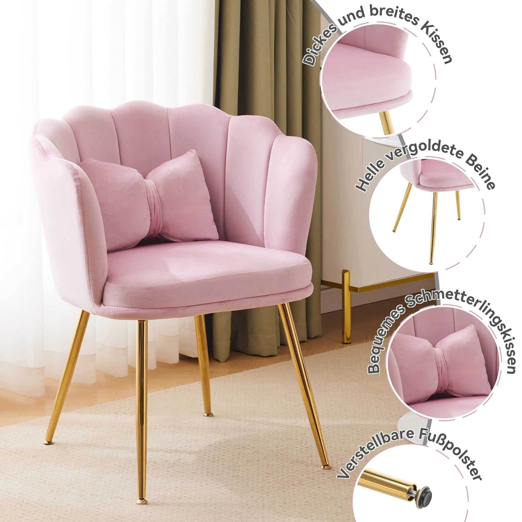 Chairs, Set of 2 Upholstered Petal Back with Gold Legs, Velvet - Image 7