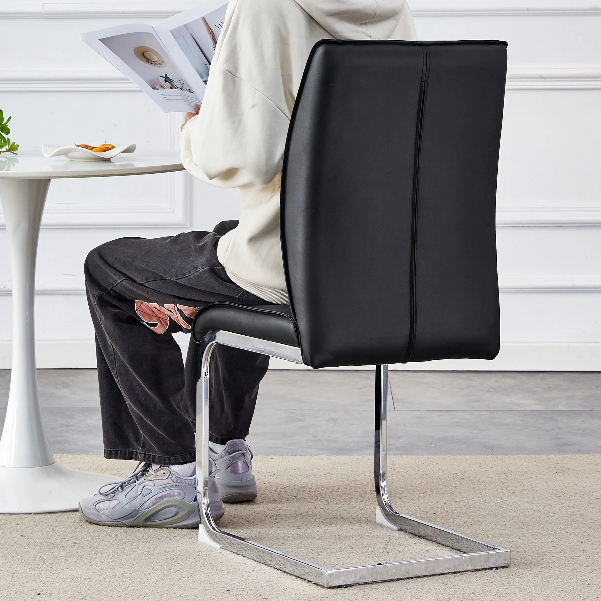 Chairs (Set of 4), Comfortable with Silver Metal Legs, Black PU - Image 8