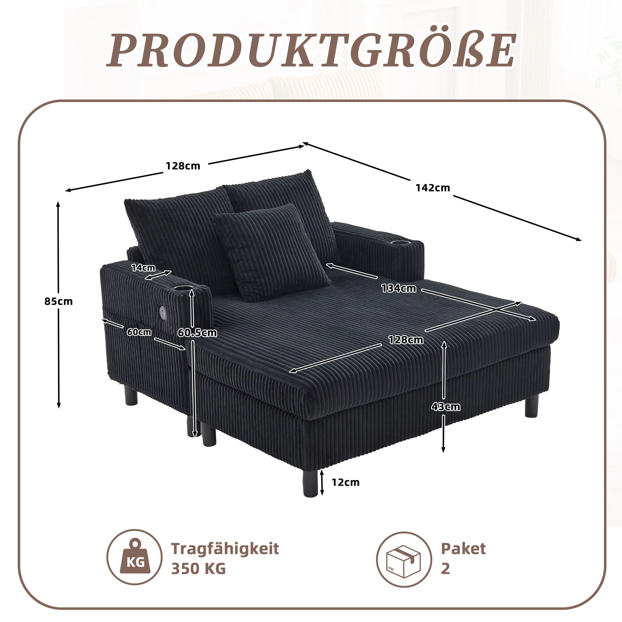 Chaise Longue Recliner, Soft with Cup Holders, USB Ports & LED Lighting - Image 2