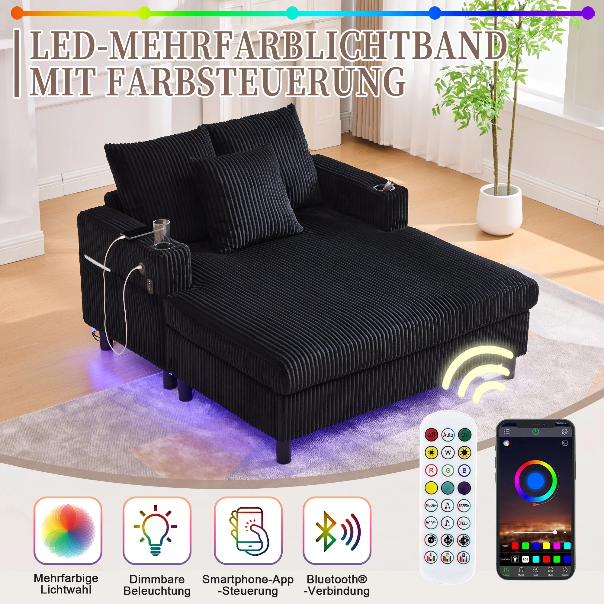 Chaise Longue Recliner, Soft with Cup Holders, USB Ports & LED Lighting - Image 3