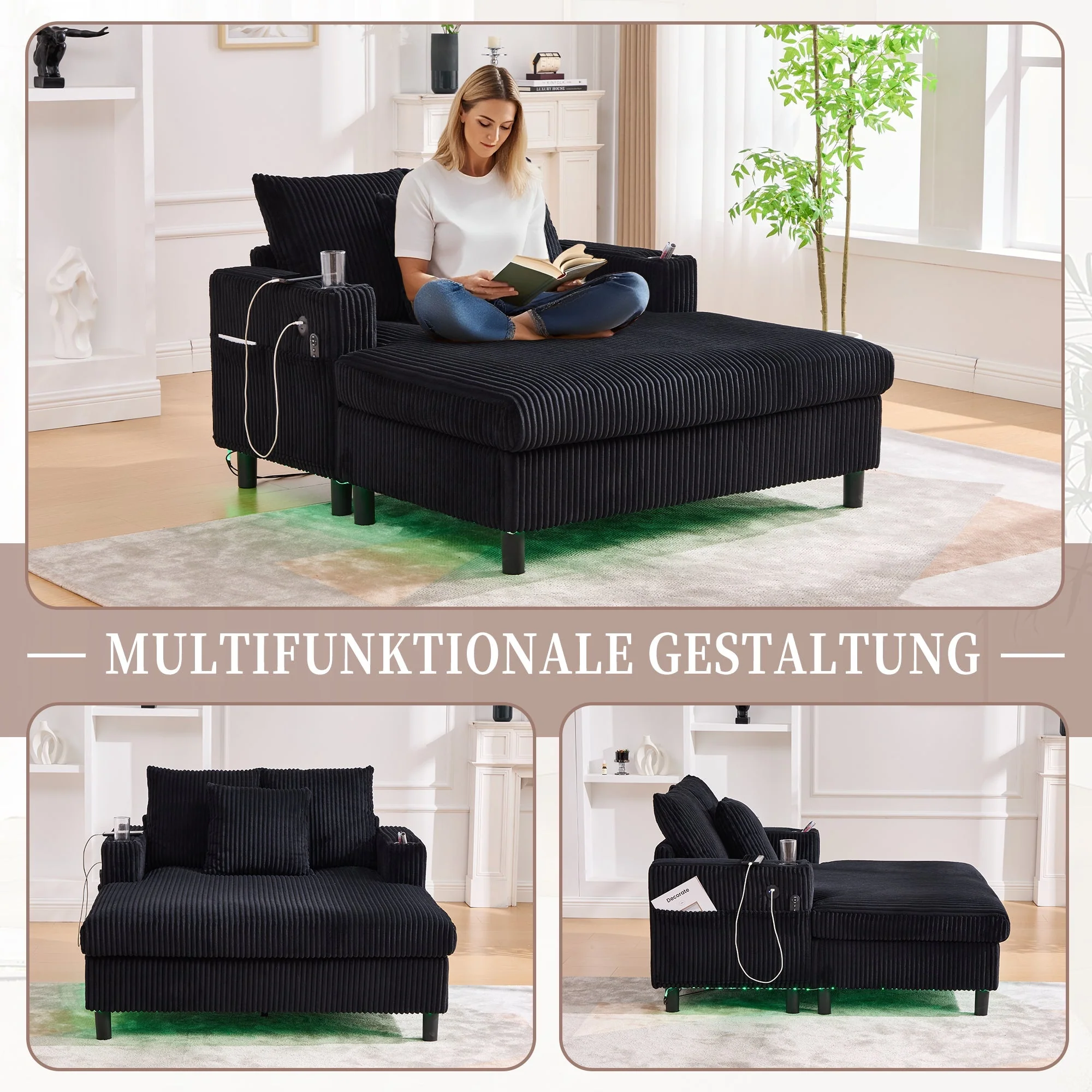 Chaise Longue Recliner, Soft with Cup Holders, USB Ports & LED Lighting - Image 8