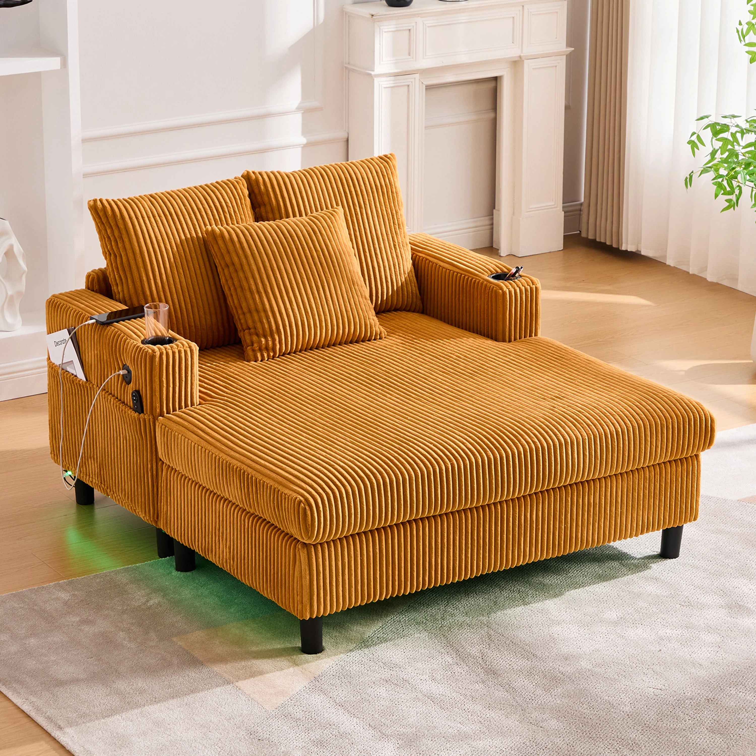 Chaise Longue Recliner, Soft, with Cupholders, USB, LED Lighting