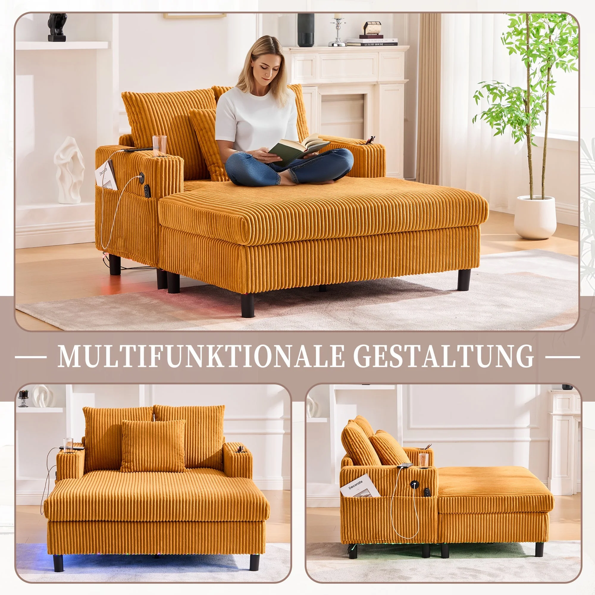 Chaise Longue Recliner, Soft, with Cupholders, USB, LED Lighting - Image 7