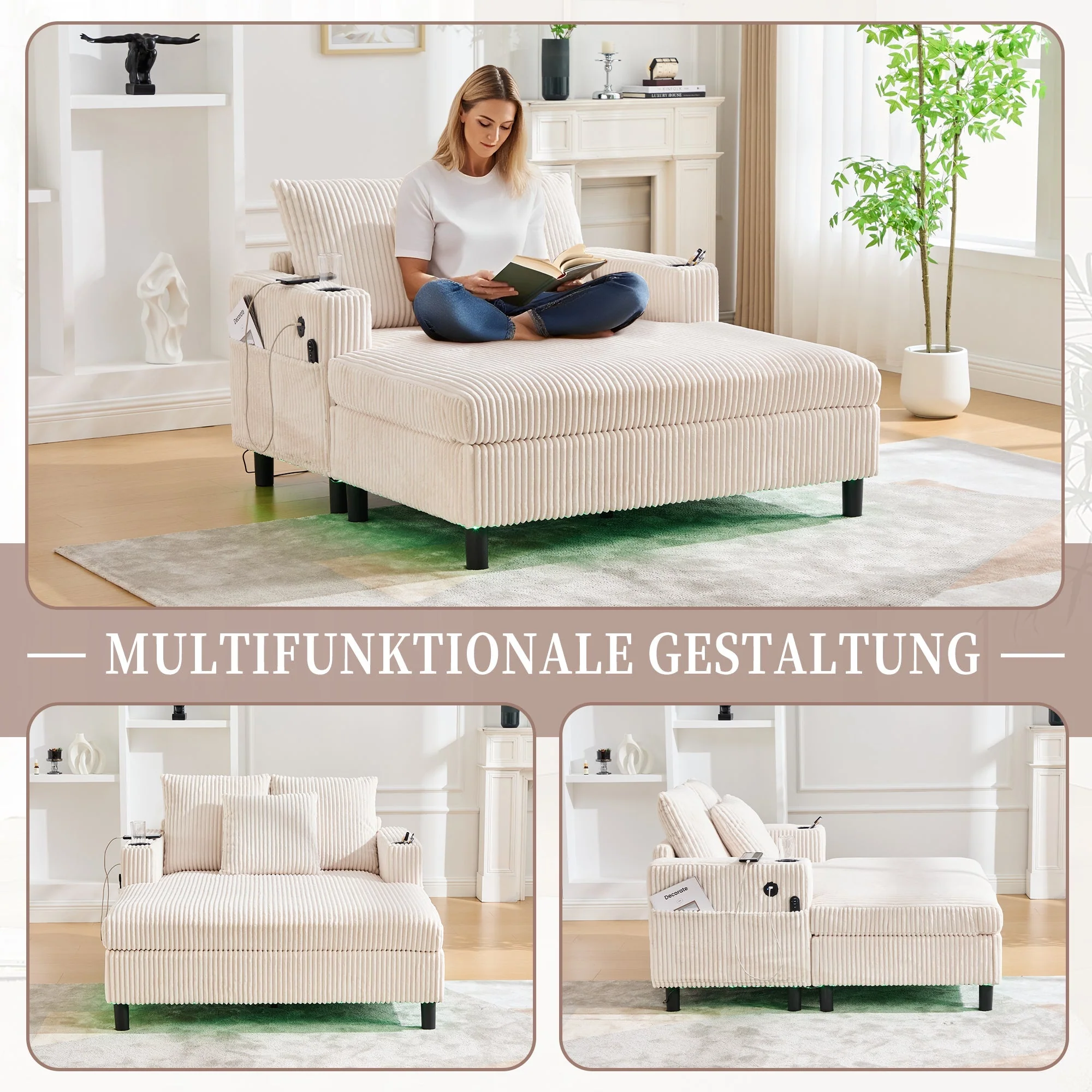 Chaise Longue Recliner with Cupholders, USB, LED Lighting, Soft - Image 9