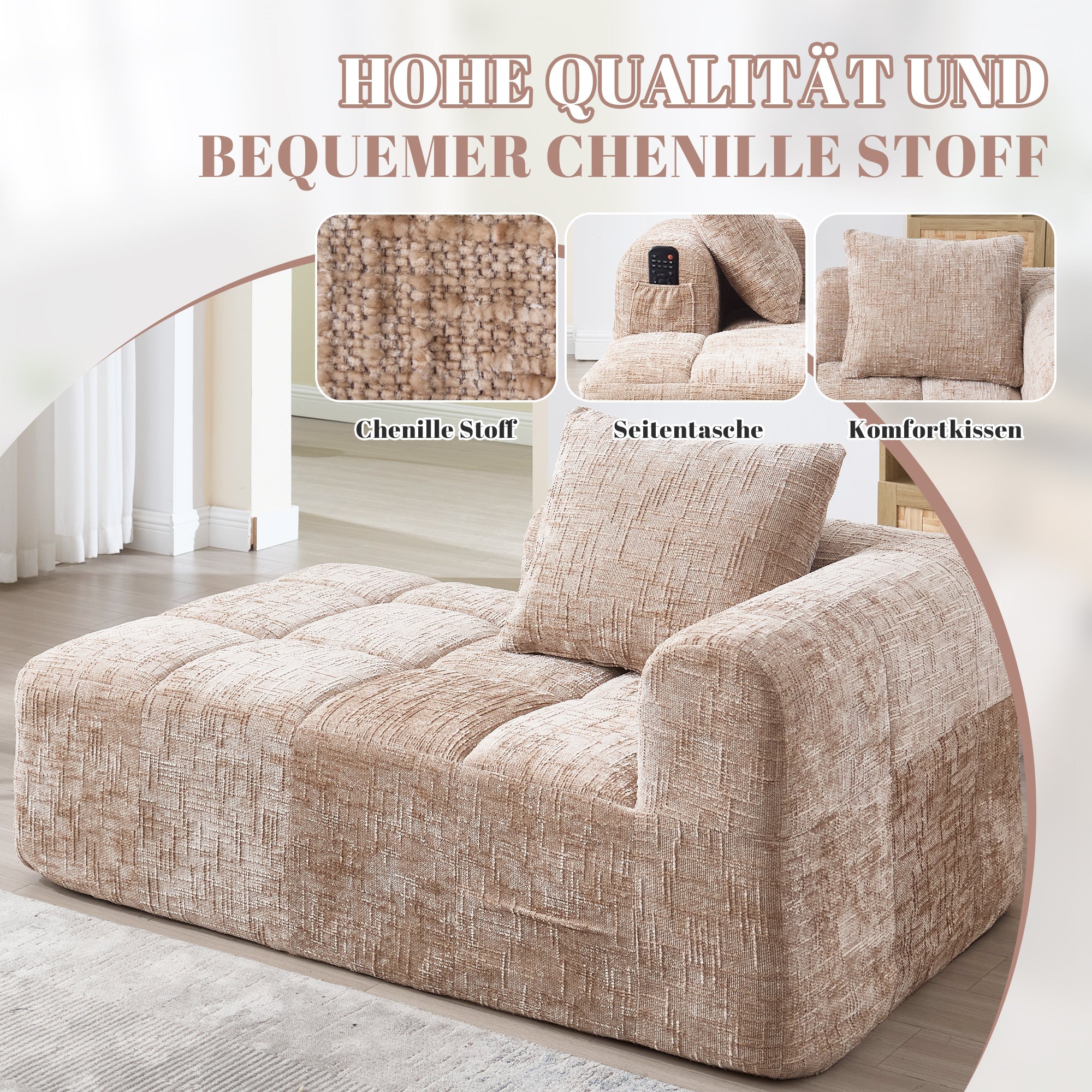 Chaise Longue Sofa, Soft Cushions Side Pockets, Khaki - Image 5