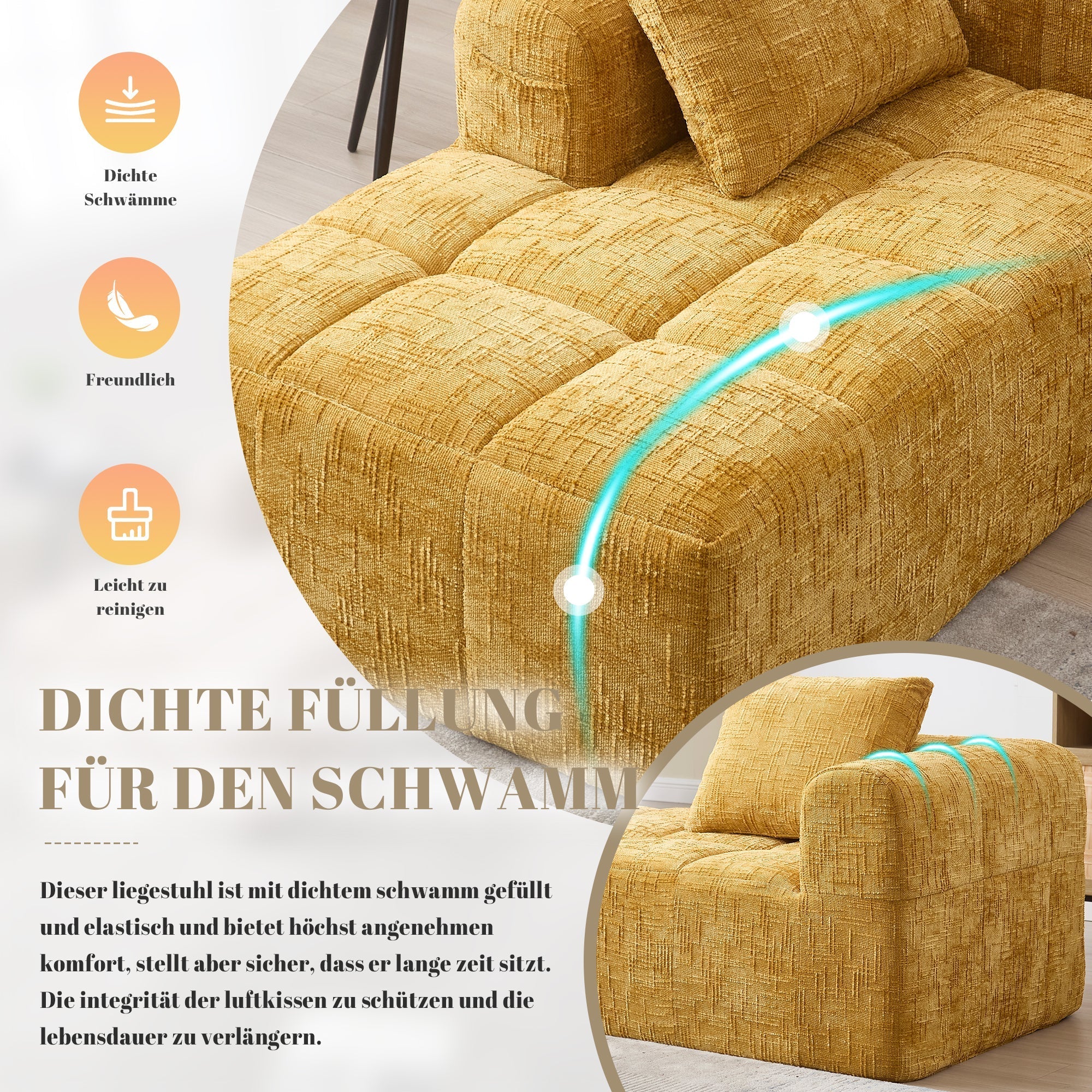 Chaise Longue Sofa, Soft with Side Pockets, No Assembly, Yellow - Image 3