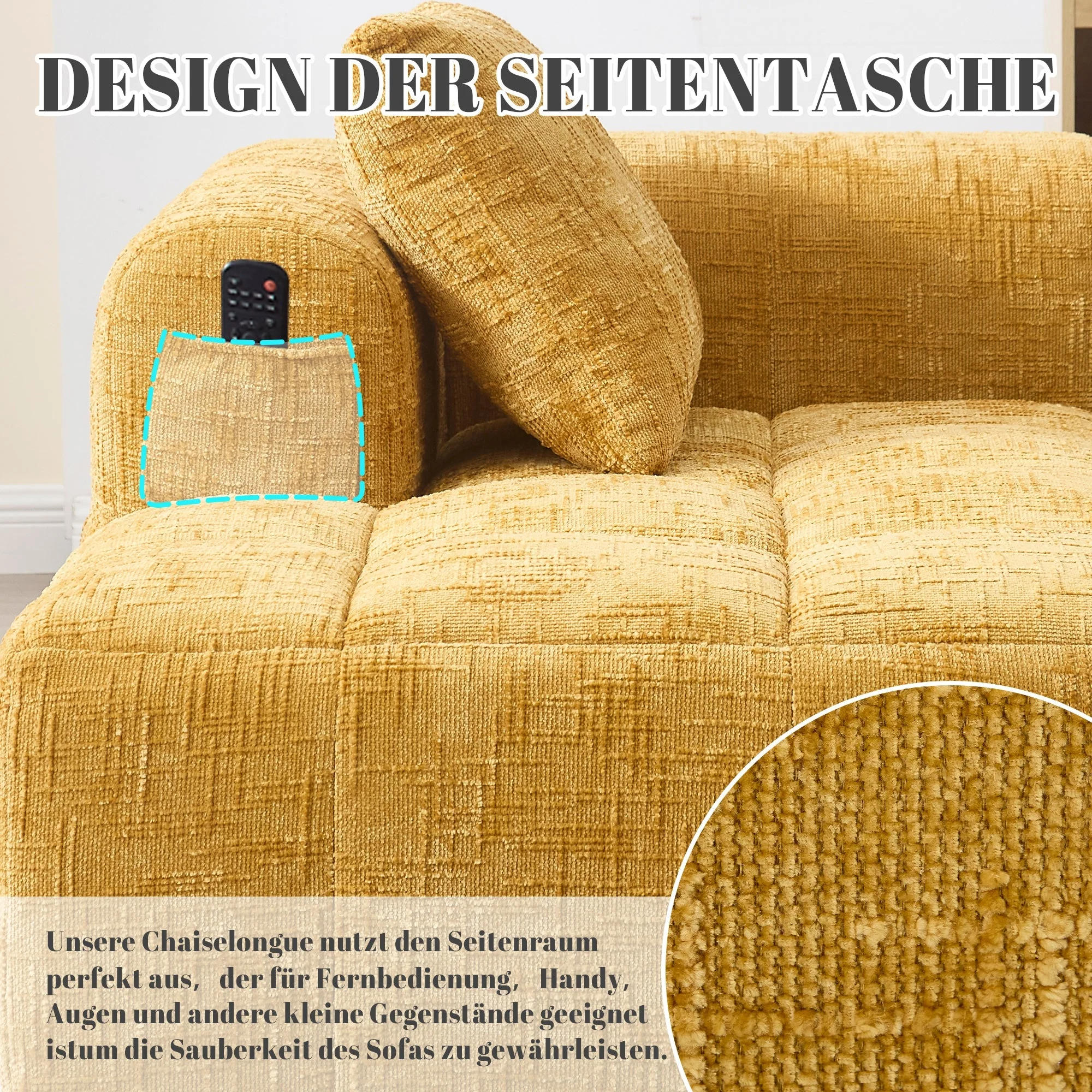 Chaise Longue Sofa, Soft with Side Pockets, No Assembly, Yellow - Image 4